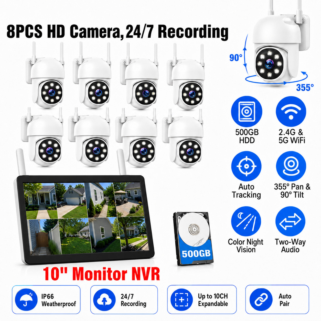 10CH WiFi NVR Wireless Security Camera System 1080P Pan/Tilt 360° Night Vision