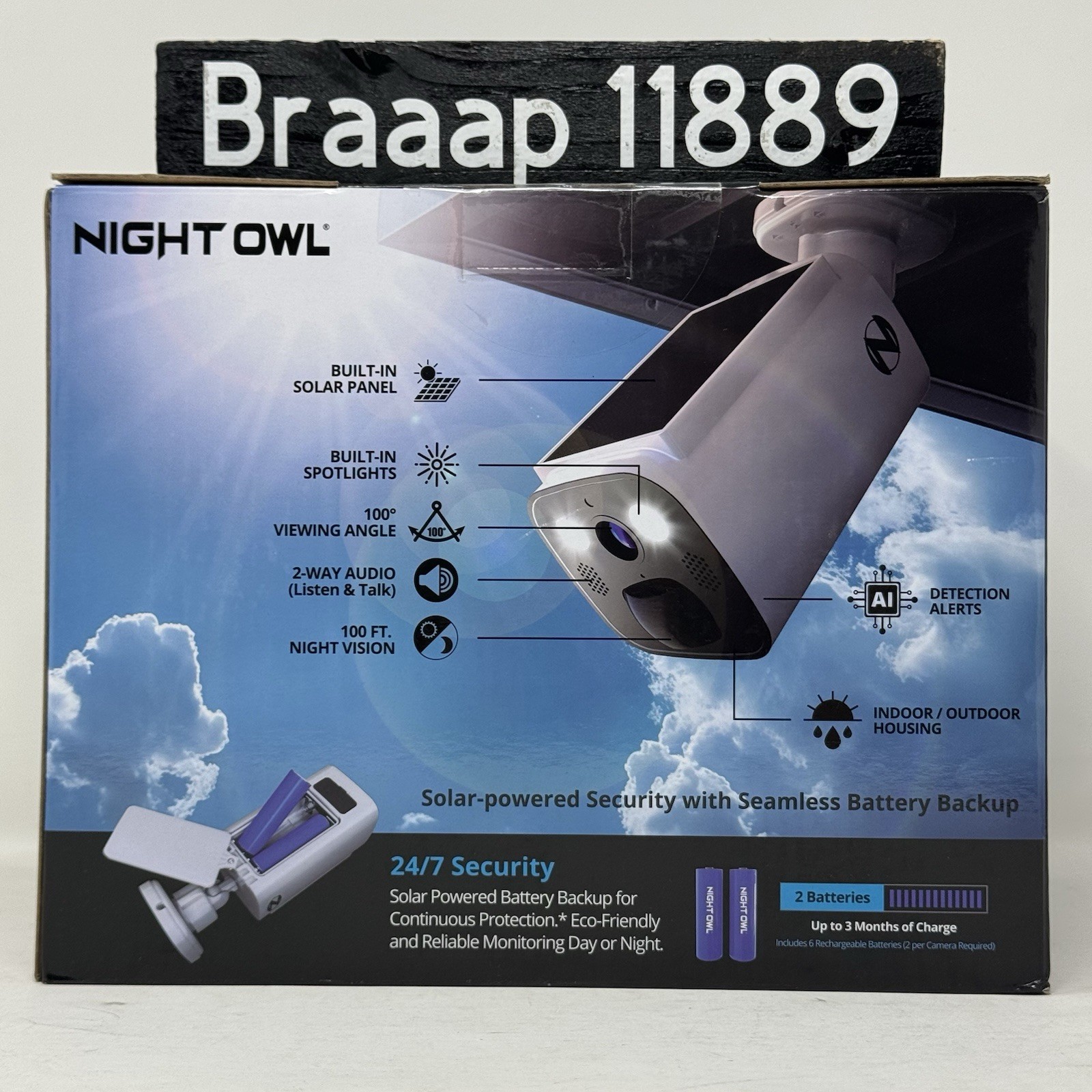 Night Owl 8-Channel 2K 64GB Hub Recorder Security System 3 Battery Solar Cameras