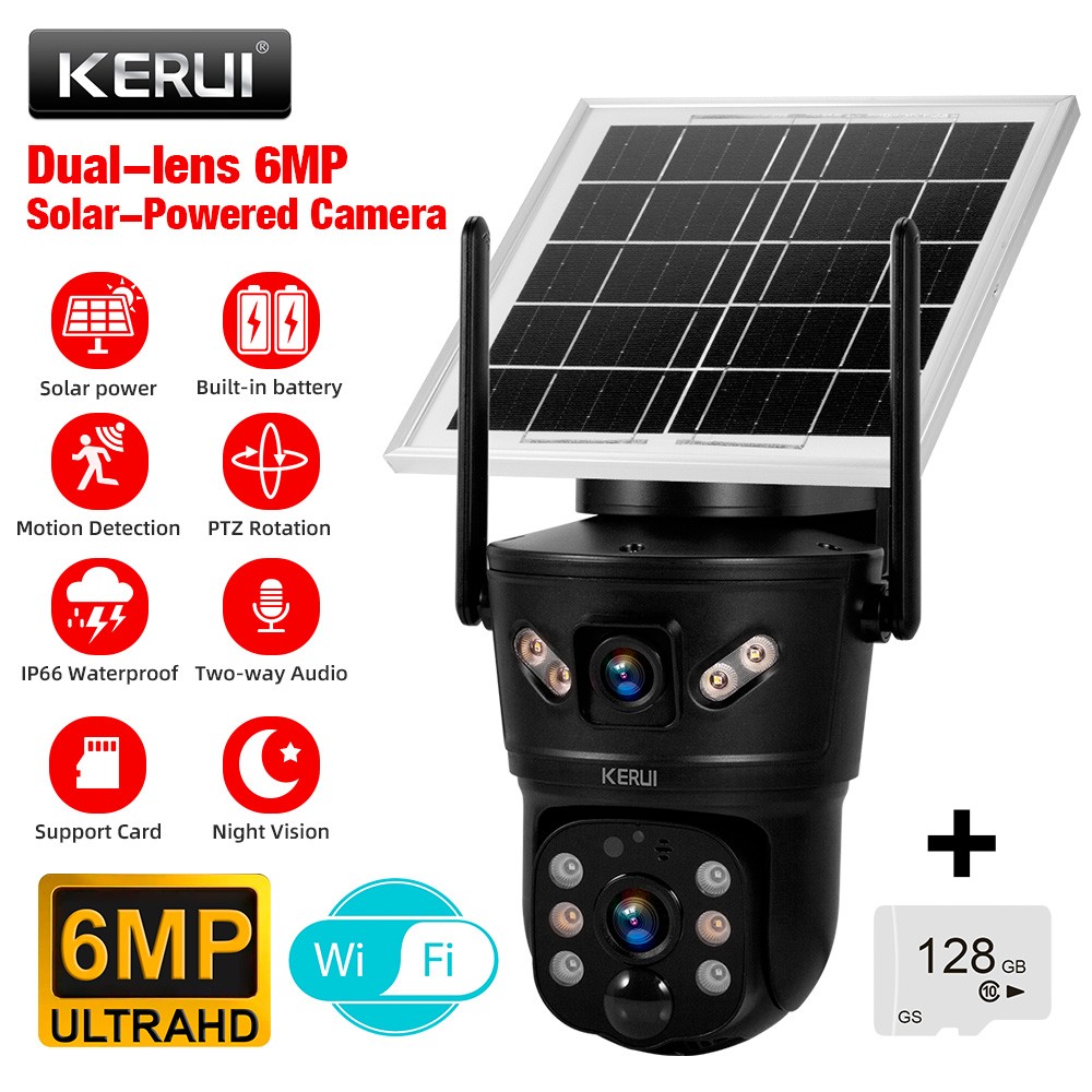 6MP Solar Dual Lens Wireless Security Camera Outdoor WiFi Cam With 128GB SD Card