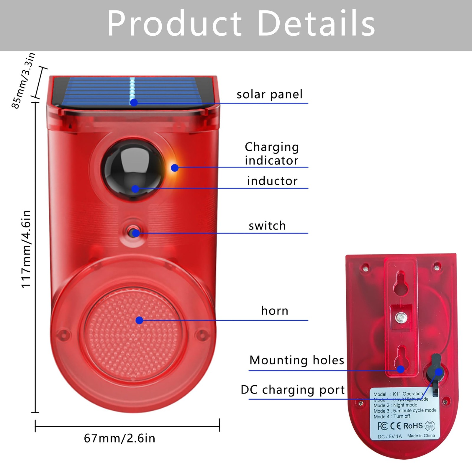 Solar Outdoor Motion Sensor Alarm: 110db Siren Sound,6 LEDs Flash Warning Str…