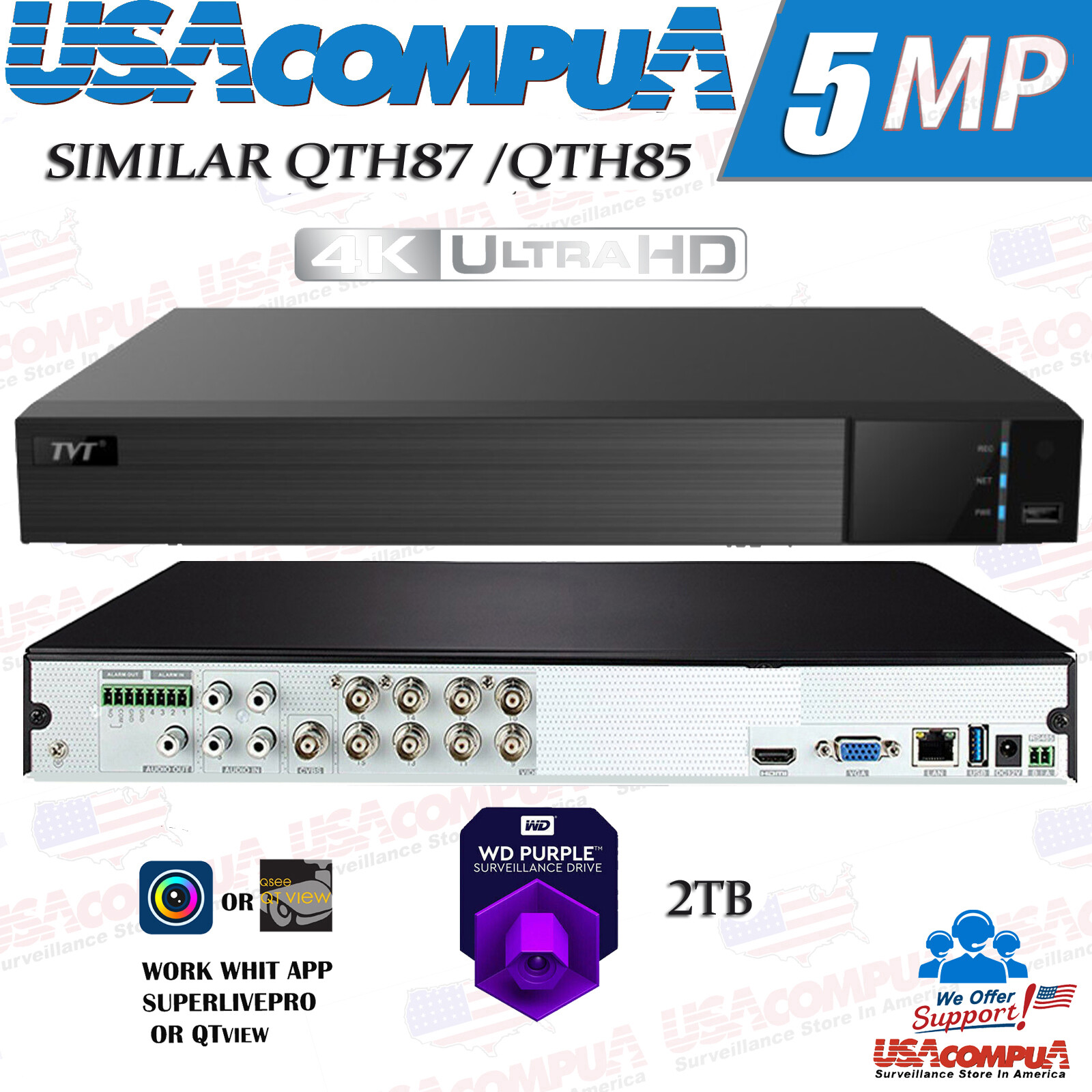 TVT SIMILAR Q-See 8 Channel DVR 8CH QTH87 5MP 2TB WD Purple Hard Drive