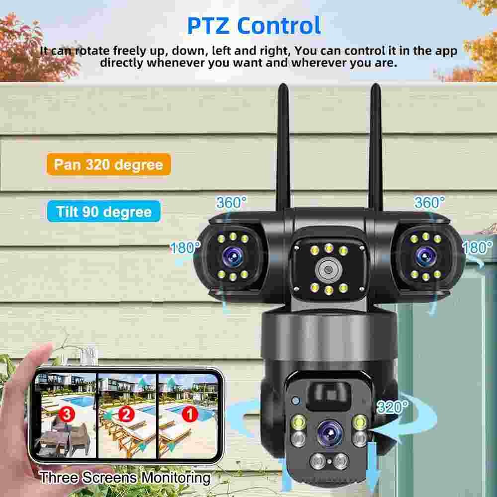 3 Lens HD 9MP WiFi Solar Camera Wireless Outdoor CCTV PTZ Home Security IR Cam