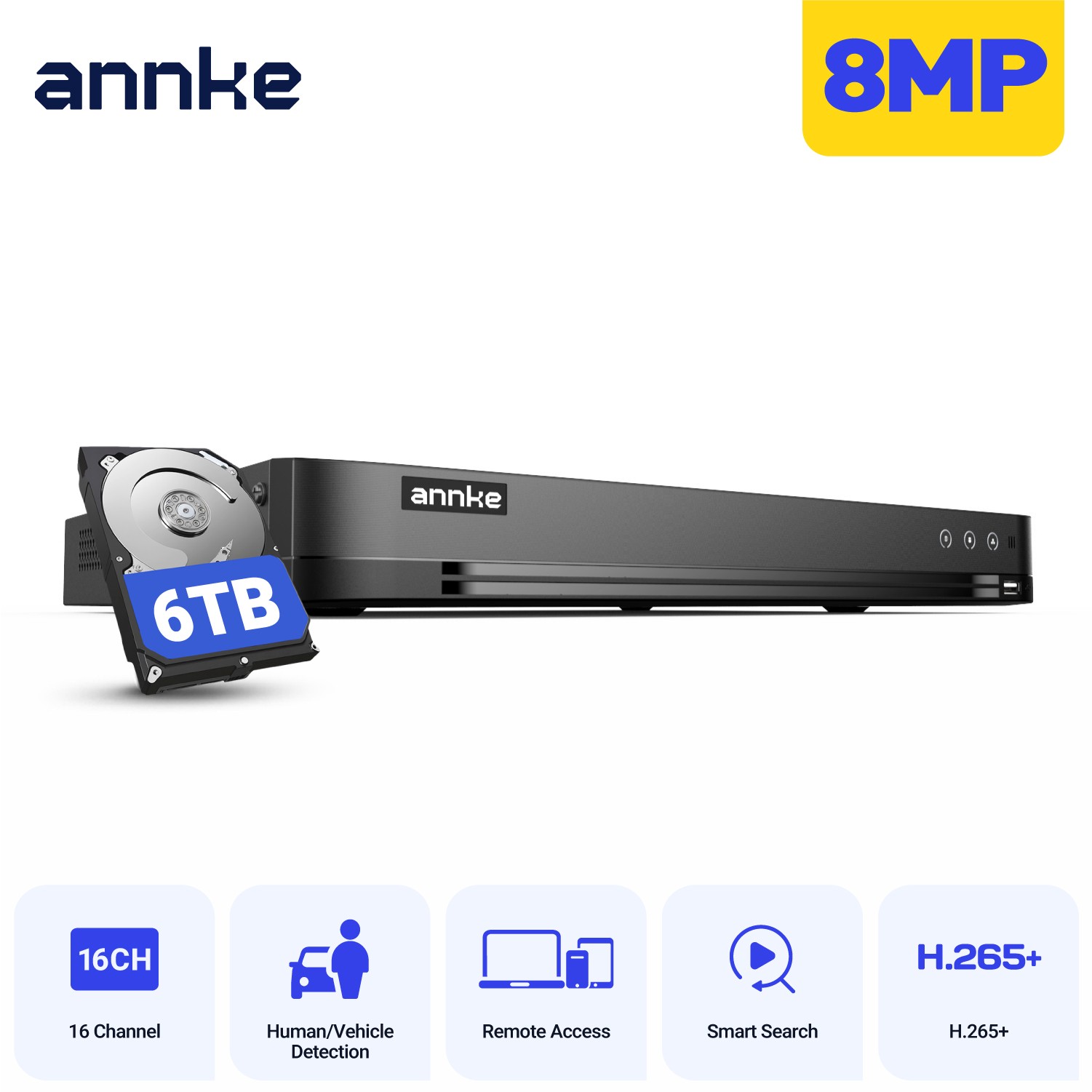 ANNKE 5IN1 16CH HD 8MP DVR Security 4K Video Recorder H.265+ Email Alert Access