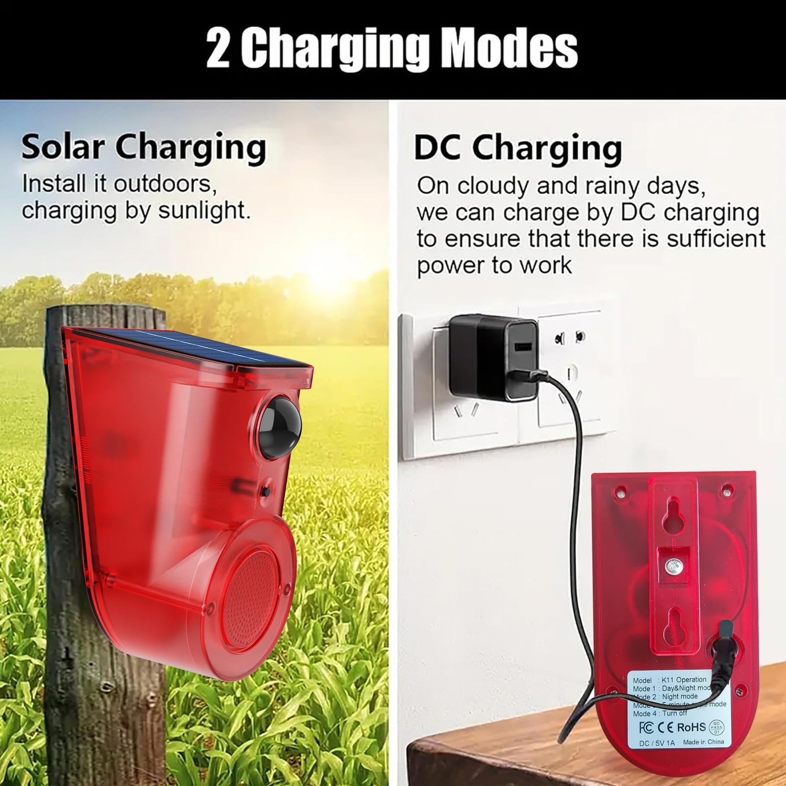 Solar Outdoor Motion Sensor Alarm: 110db Siren Sound,6 LEDs Flash Warning Str…