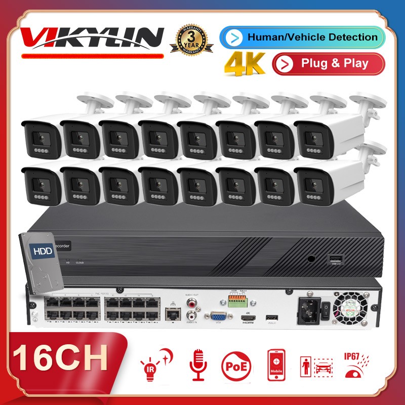 Vikylin 4K 16ch POE NVR CCTV System 8MP IR POE IP Camera Outdoor 2-Way Audio Lot
