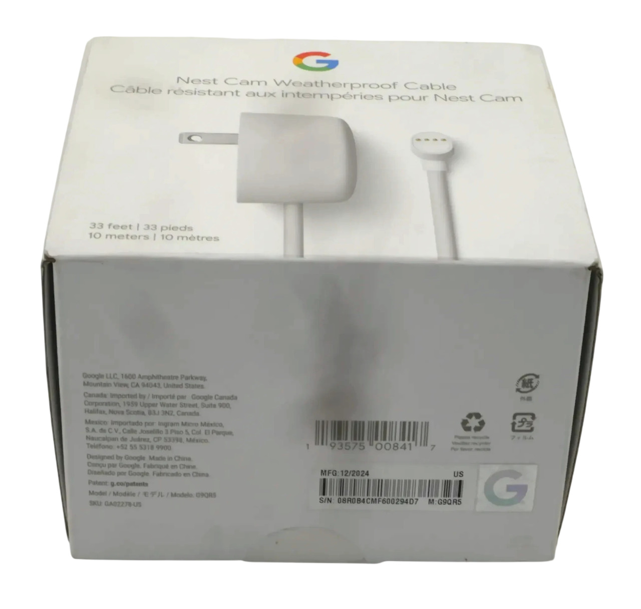 Google Nest Cam Weatherproof Cable for Nest Cam (Battery) Only – Snow – 10m