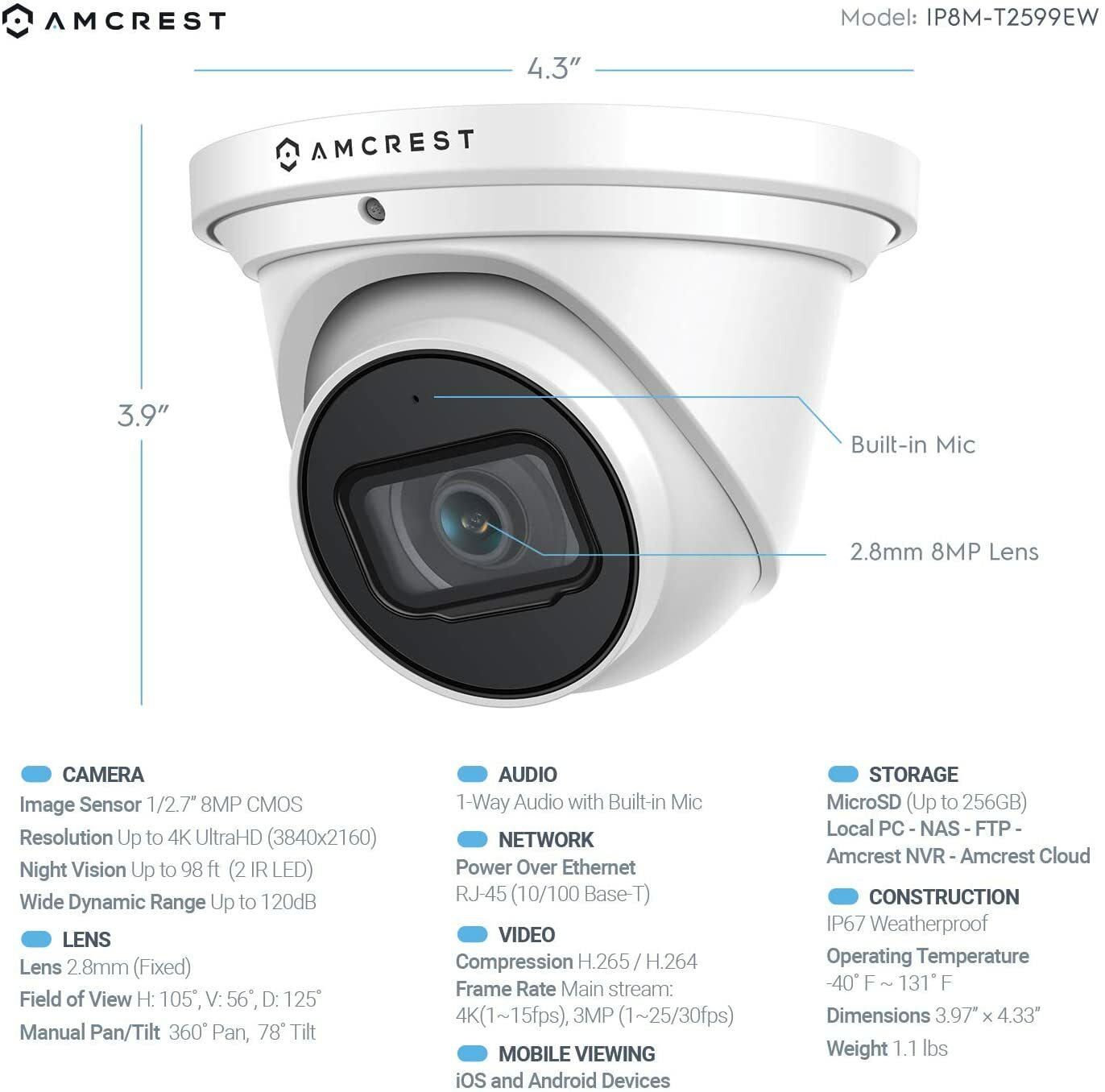 Amcrest UltraHD 4K PoE Outdoor Security IP Camera 8MP System Turret Mic Warranty