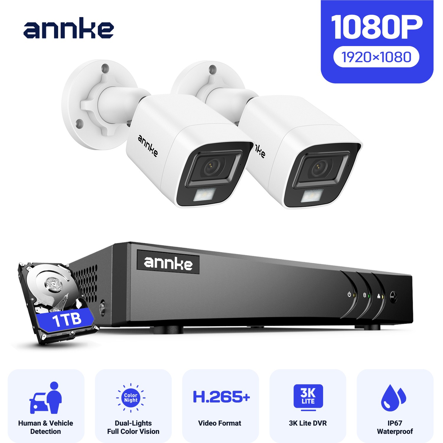 ANNKE 5MP Lite 8CH DVR 1080P CCTV AI Color Night Security Camera System 1TB IP67