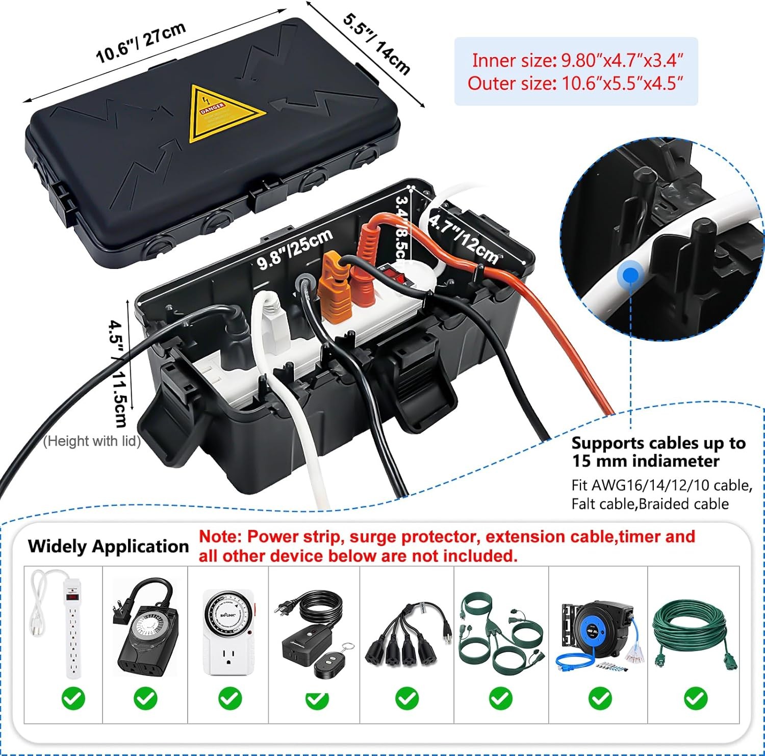 Hrensaw Medium Outdoor Electrical Box(10.6×5.5×4.5inch),Weatherproof Black