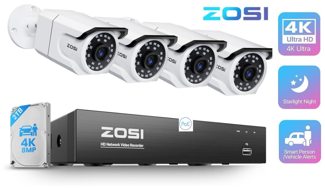 ZOSI 8CH 4K PoE Security Camera System 4x8MP Outdoor Camera One Way Audio 2TBHDD
