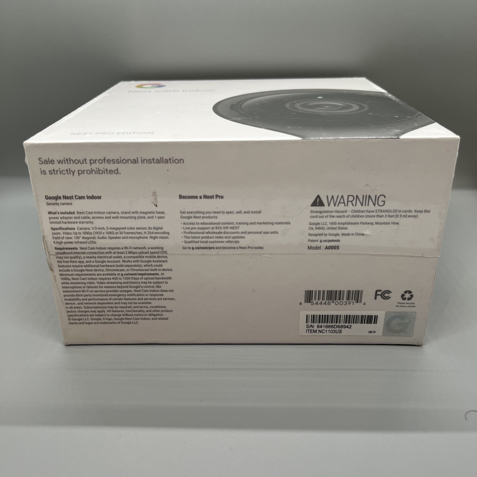 Google Nest Pro Indoor Security Camera (NC1103US)(A0005) Black – Sealed