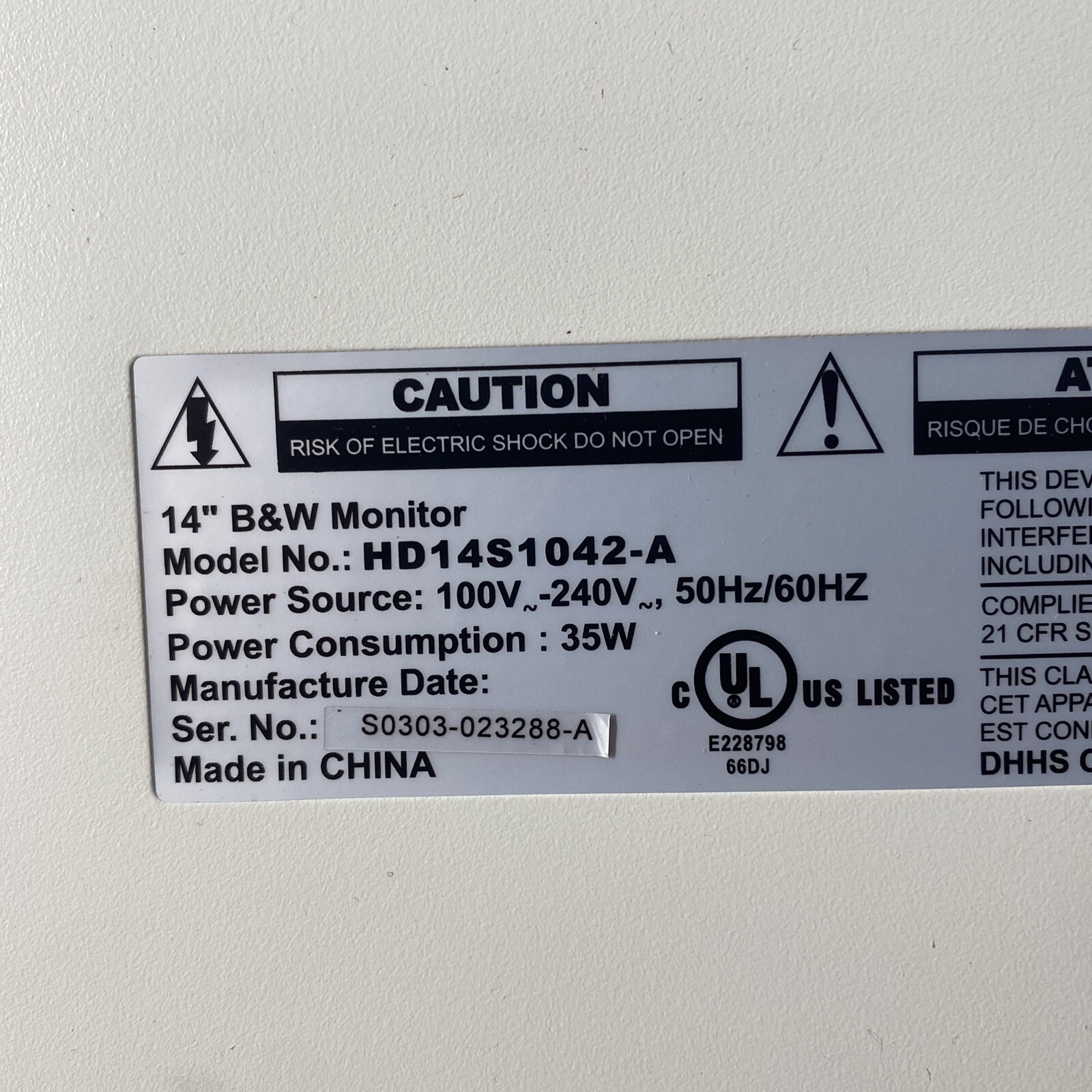 ADT 14” B&W OBSERVATION SYSTEM MODEL: HD14S1042-A MONITOR ONLY