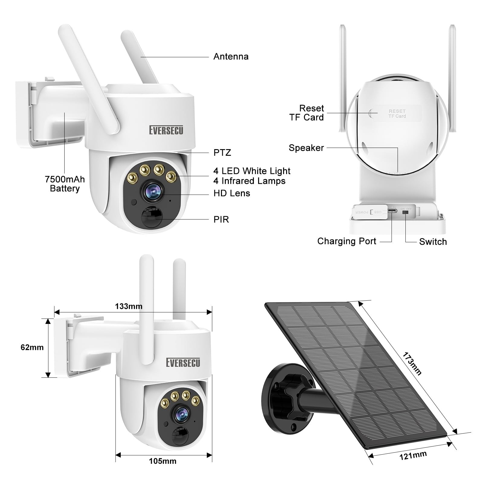 EVERSECU 2K Outdoor-Solar Security Camera Wireless with PTZ Full, 3MP Solar