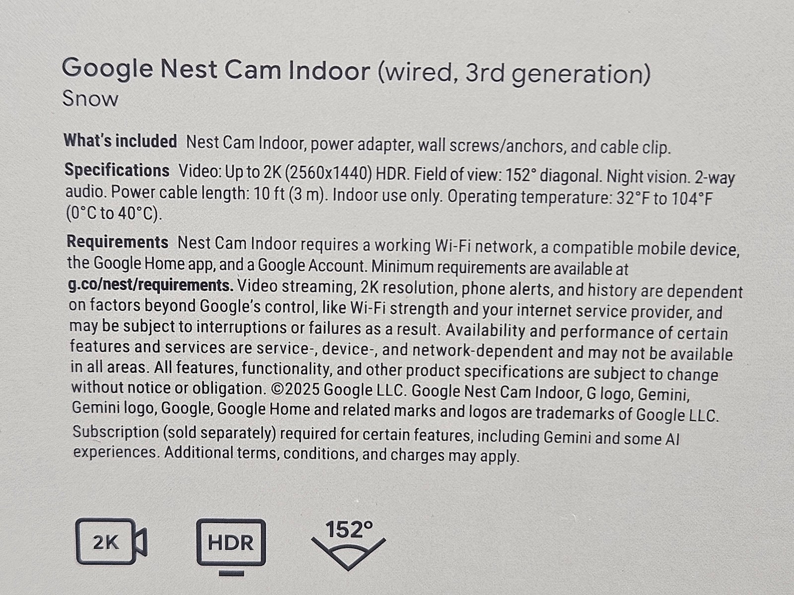 Google Nest Cam Indoor – Wired, 2K, HDR, 152° – 3rd Generation – NEW & SEALED