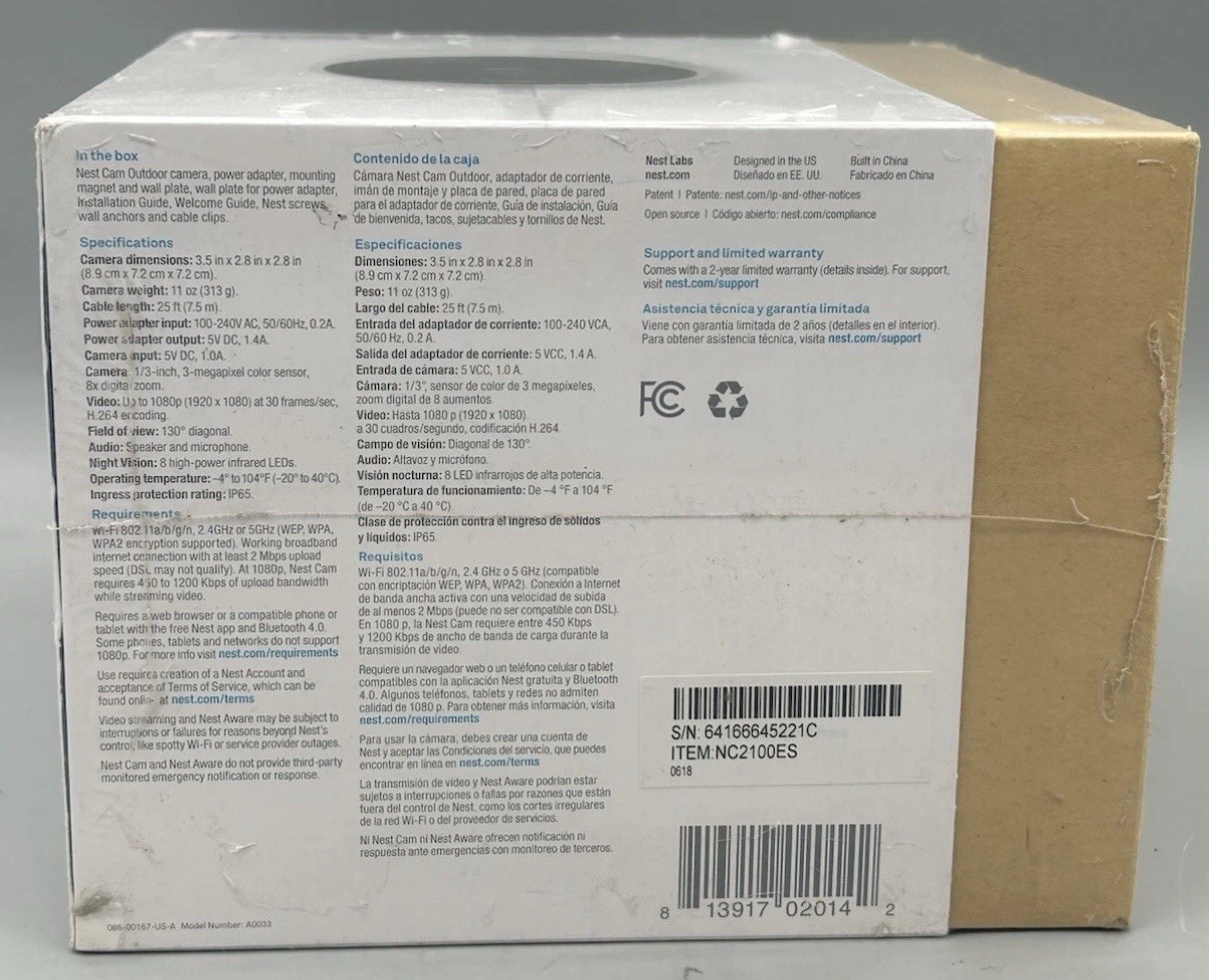 NEST Cam Outdoor Security Camera Model NC2100ES – Sealed
