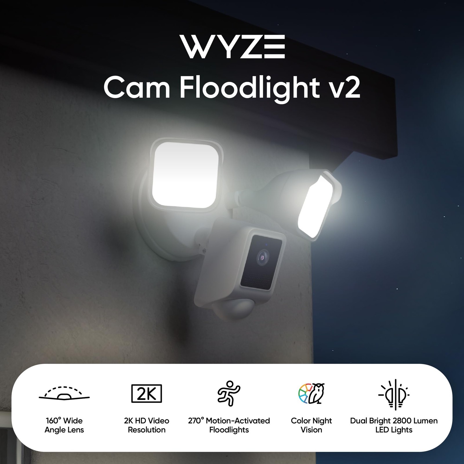 WYZE Floodlight Camera v2, Security Outdoor, 2K HD (Pack of 1), White