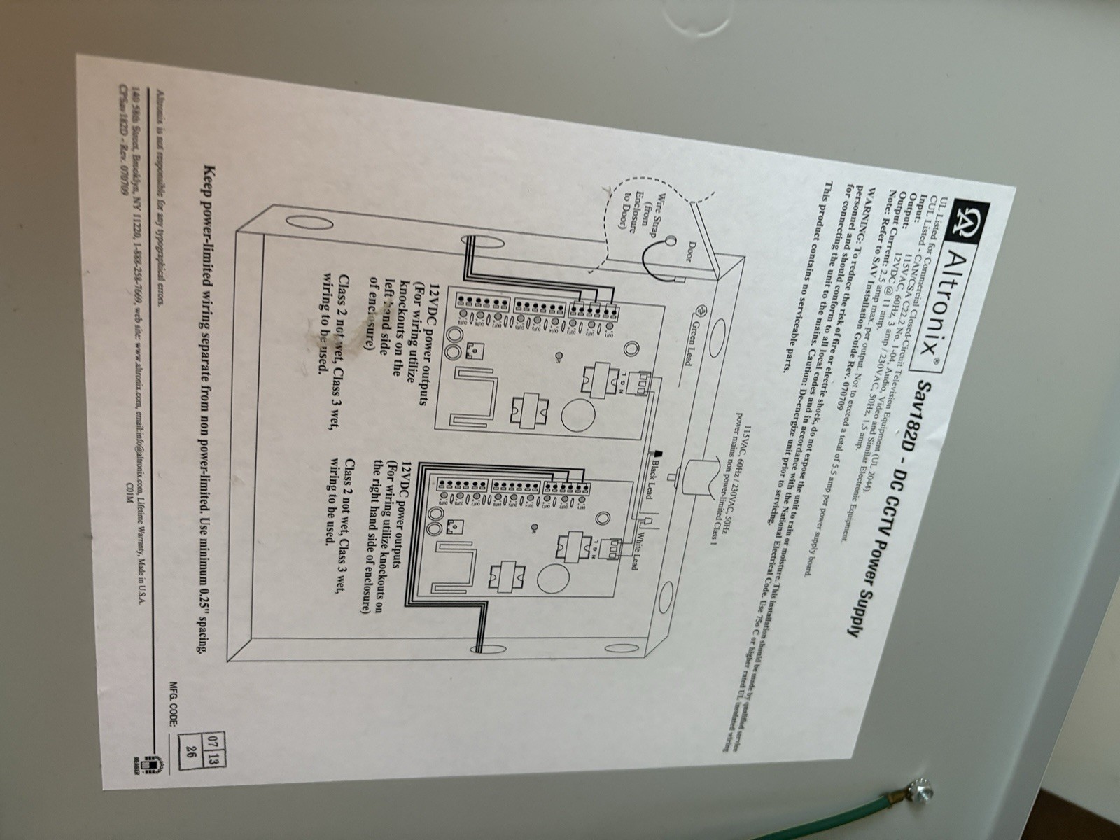Altronix Sav182D -DC CCTV Power Supply Box Only