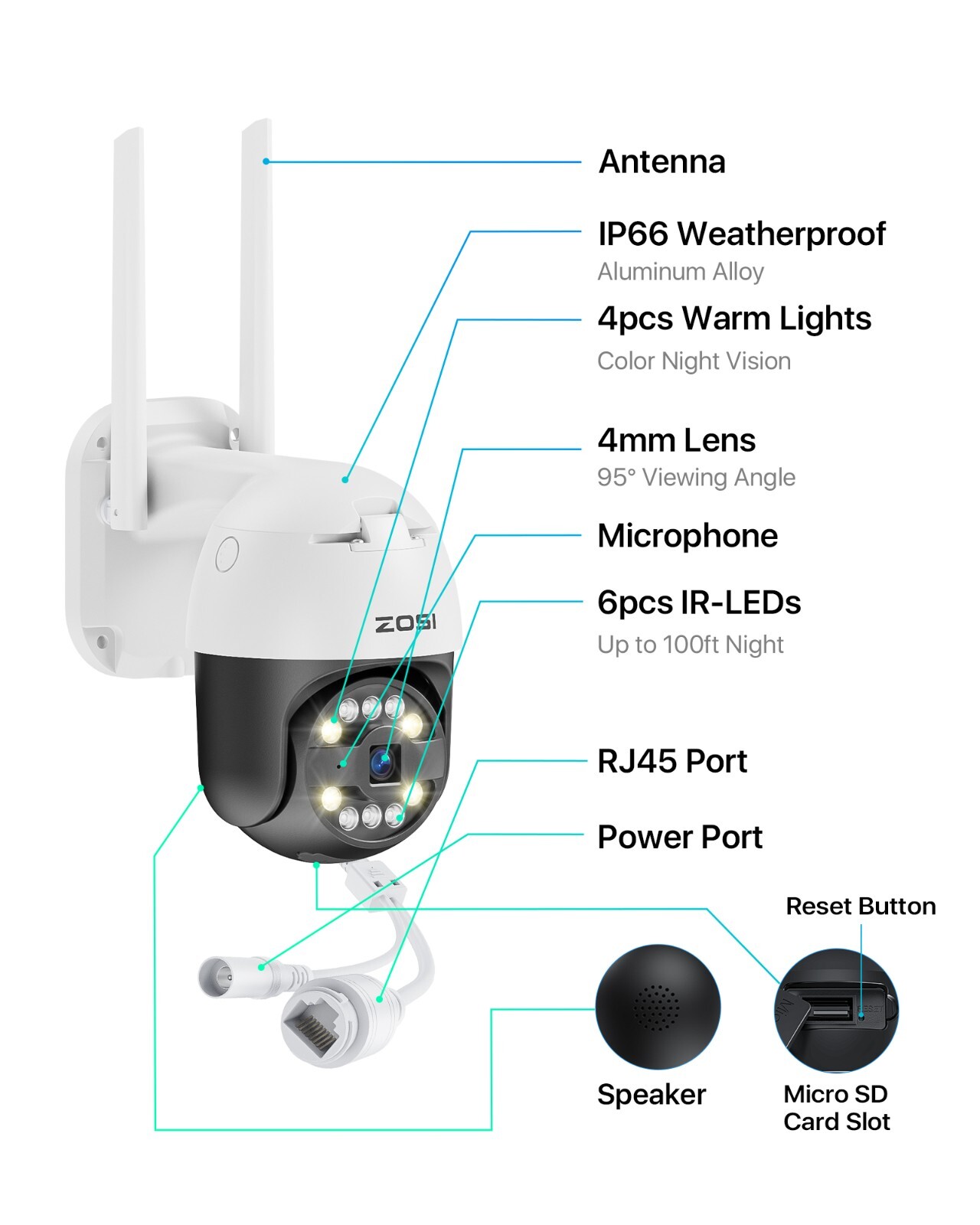 ZOSI 2/3/5MP WiFi Security IP Camera Outdoor 2-Way Talk AI Human/Face/Car Detect