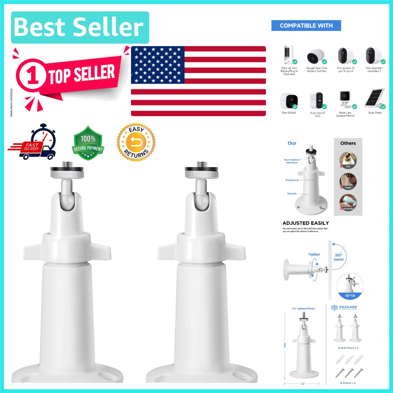 Heavy-Duty Wall Mount for Arlo Cameras – 360° Swivel & 90° Tilt Pack of 2