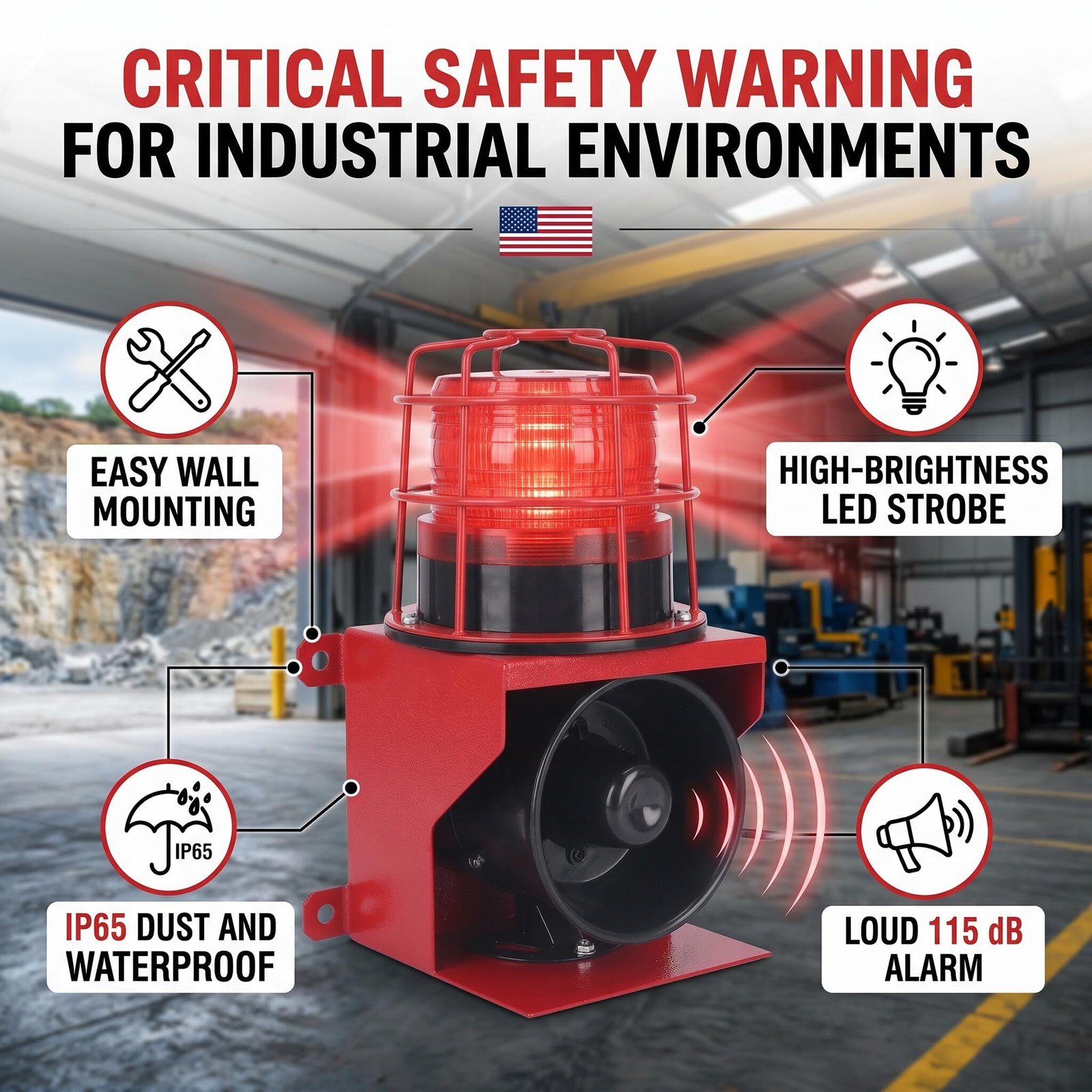 115db Sound Industrial Audible Visual Alarm with IP65 LED Strobe, Wall Mounti…