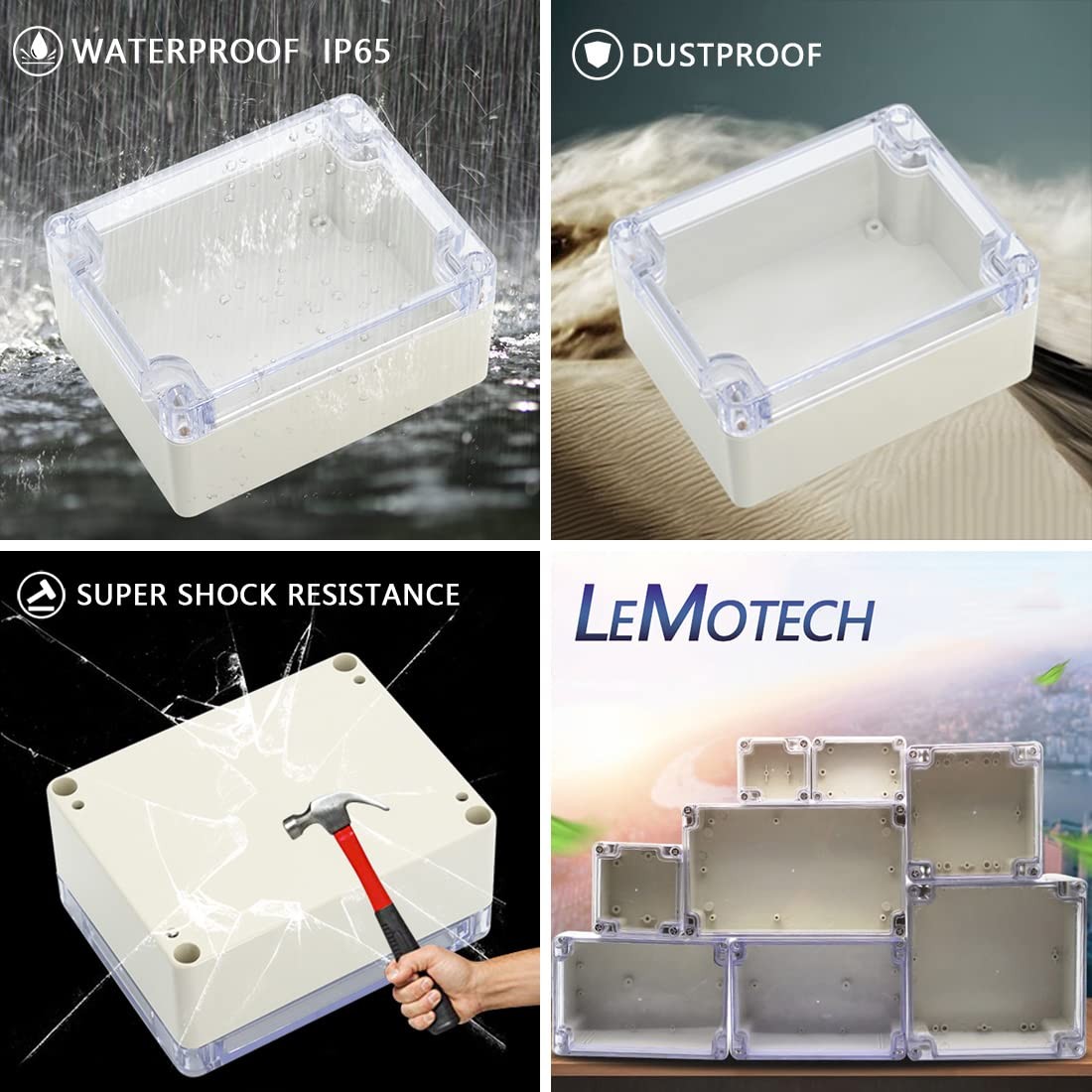 LeMotech ABS Plastic Junction Box, Dustproof 4.53″ x 3.54″ x 2.16″, Clear