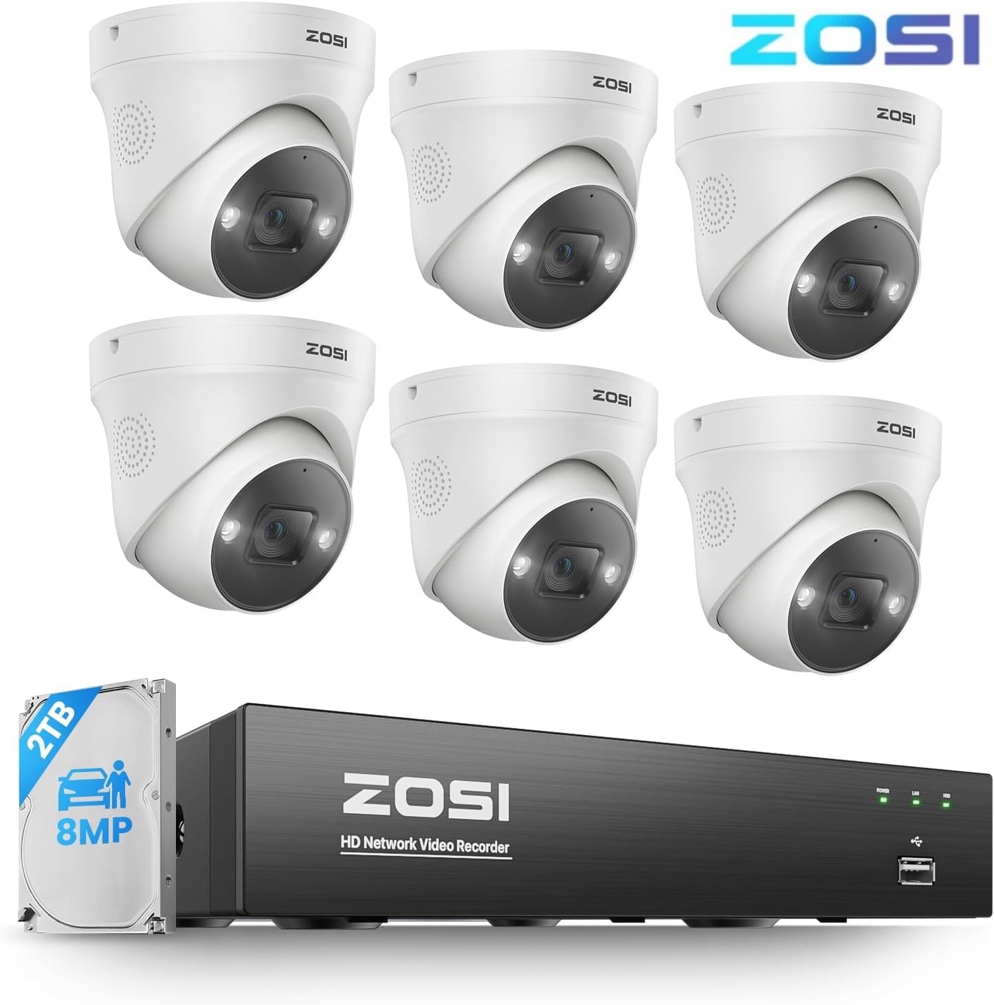 ZOSI 8CH 4K 8MP Outdoor PoE Security Camera System Person Vehicle Detection 2TB