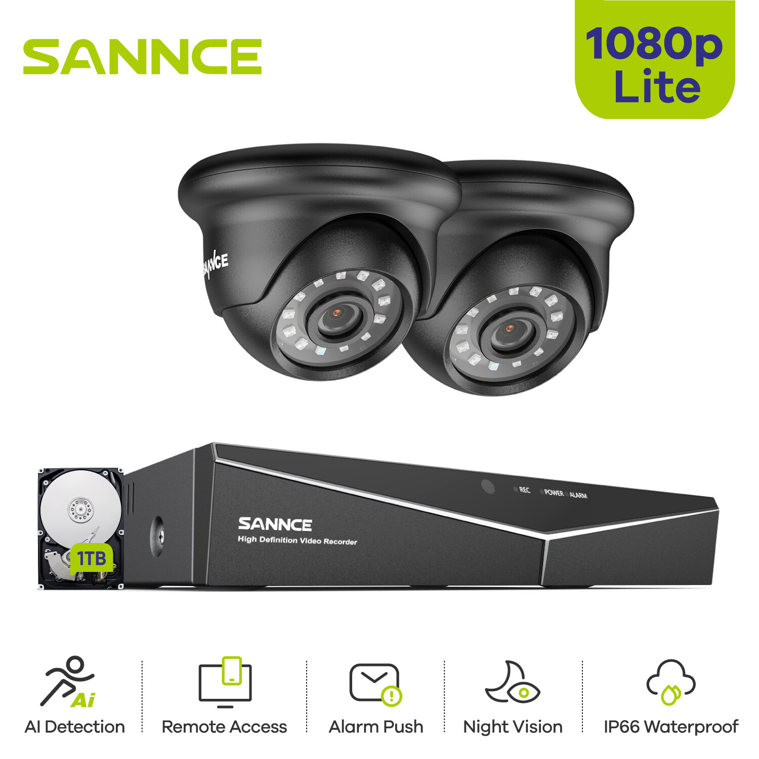 SANNCE 1080P Video Security Camera System 4CH 5IN1 DVR Outdoor IR Night Vision