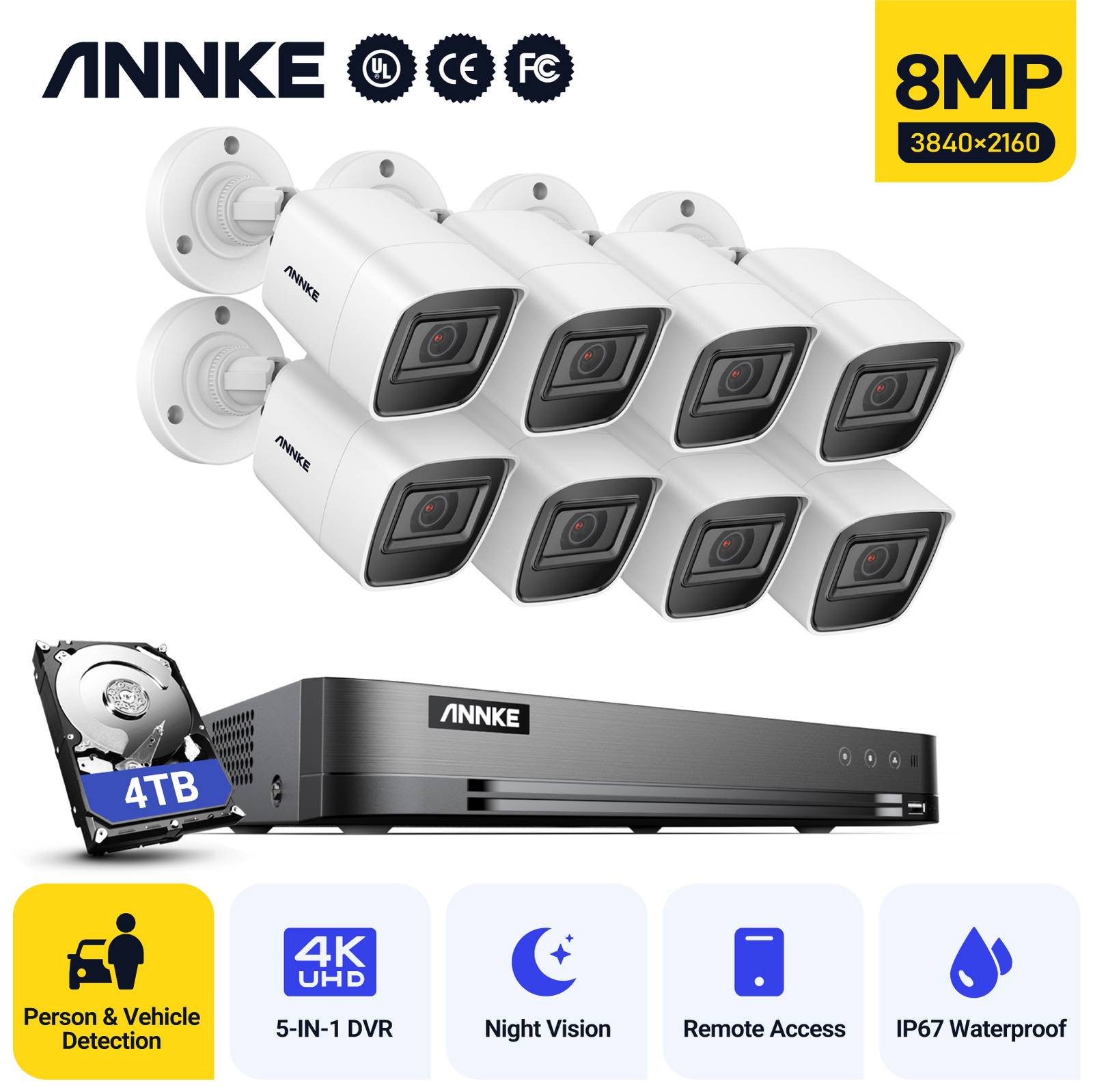 ANNKE 4K 8CH 5IN1 DVR HD 5MP 8MP CCTV Security Camera System AI Human Detection