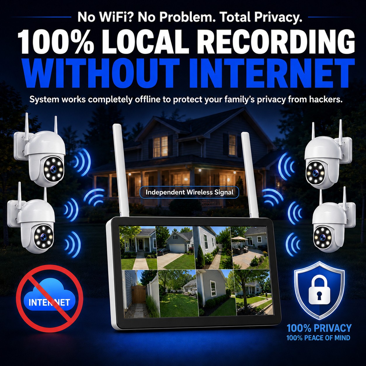 Wireless WIFI Security Camera System 360° View 10CH NVR 2 Way Audio AI Detection