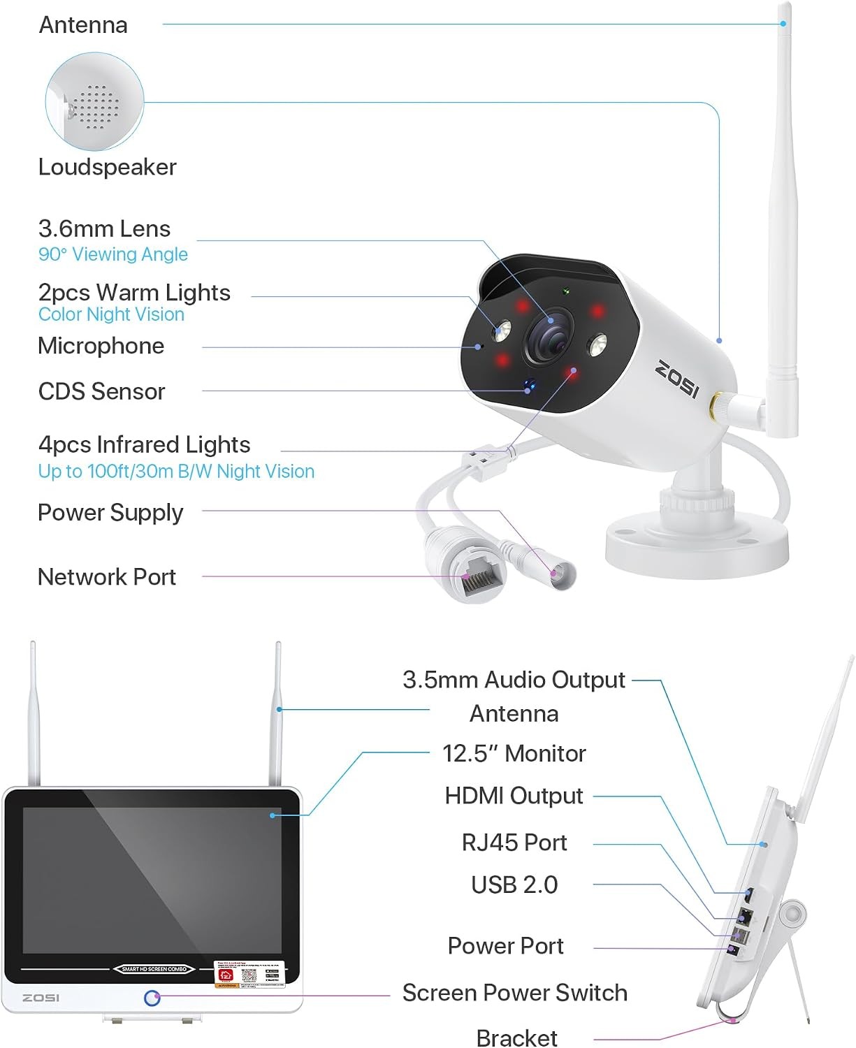 ZOSI 2K 8CH WiFi Security 3MP Camera Home System 12.5″ LCD Monitor Outdoor HDD