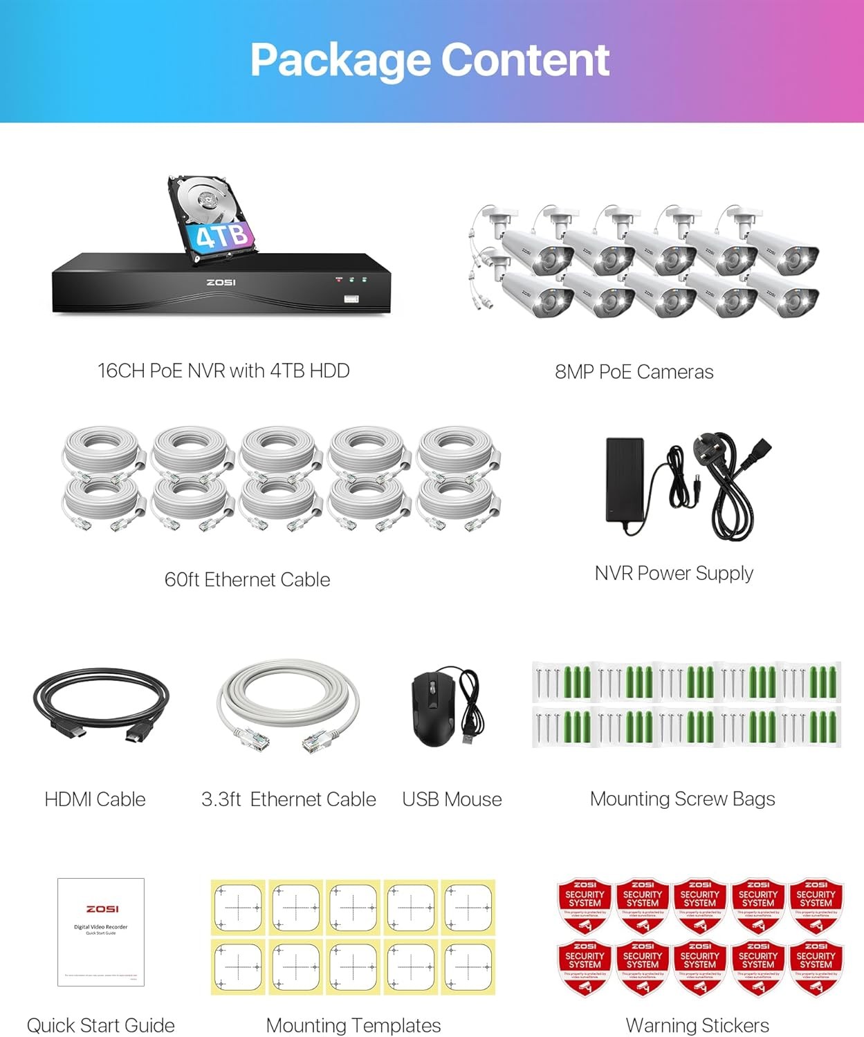 ZOSI 16CH 4K PoE Security Camera System 10x8MP Outdoor 2 Way Talk Camera 4TB HDD