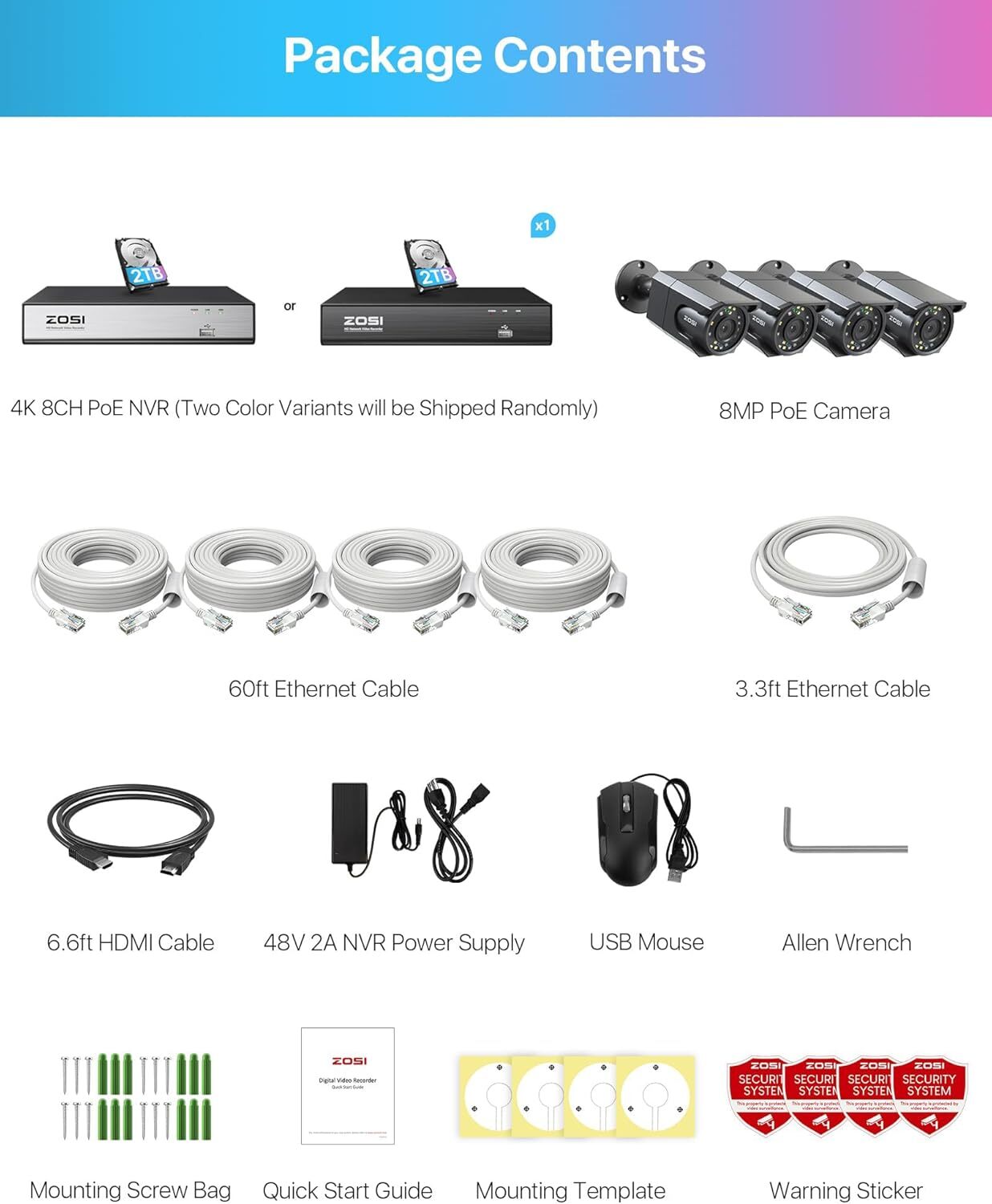 ZOSI 8CH H.265+ 2TB HDD NVR 4K 8MP PoE Security Camera System with Audio