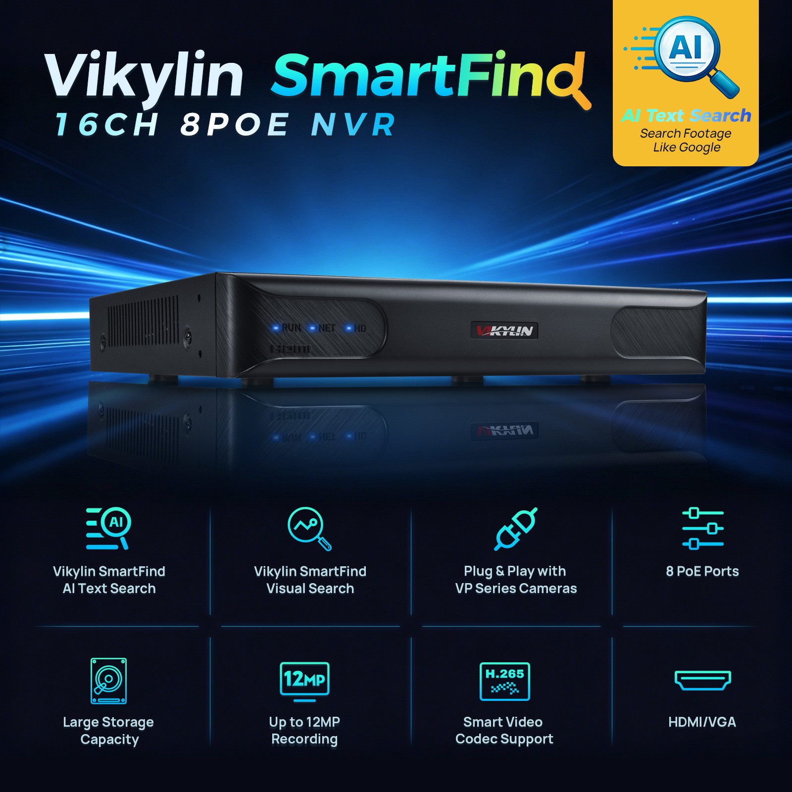 VIKYLIN SmartFind 8POE 16CH NVR System 24H Color MIC 5MP Security Camera MD Lot