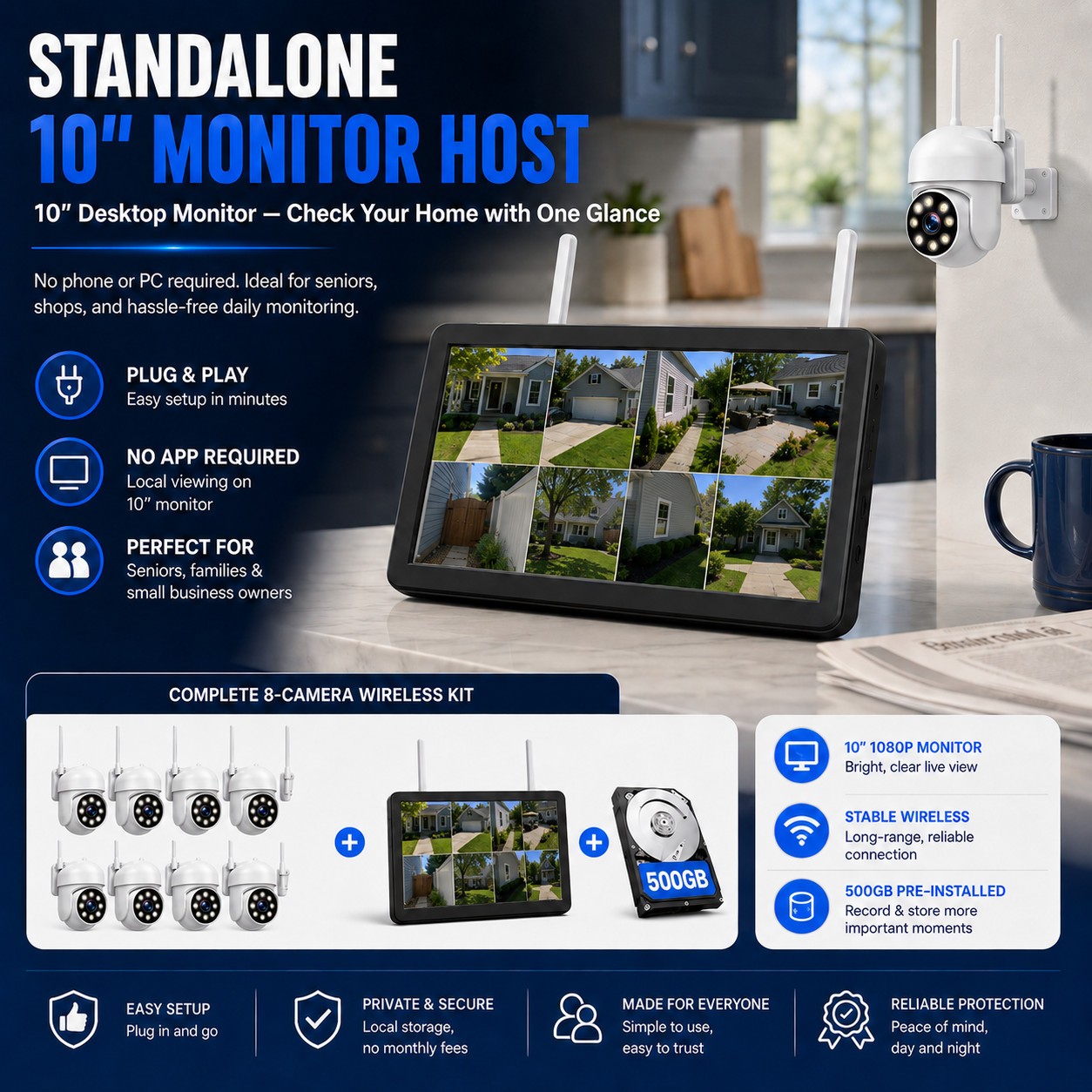 10CH WiFi NVR Wireless Security Camera System 1080P Pan/Tilt 360° Night Vision