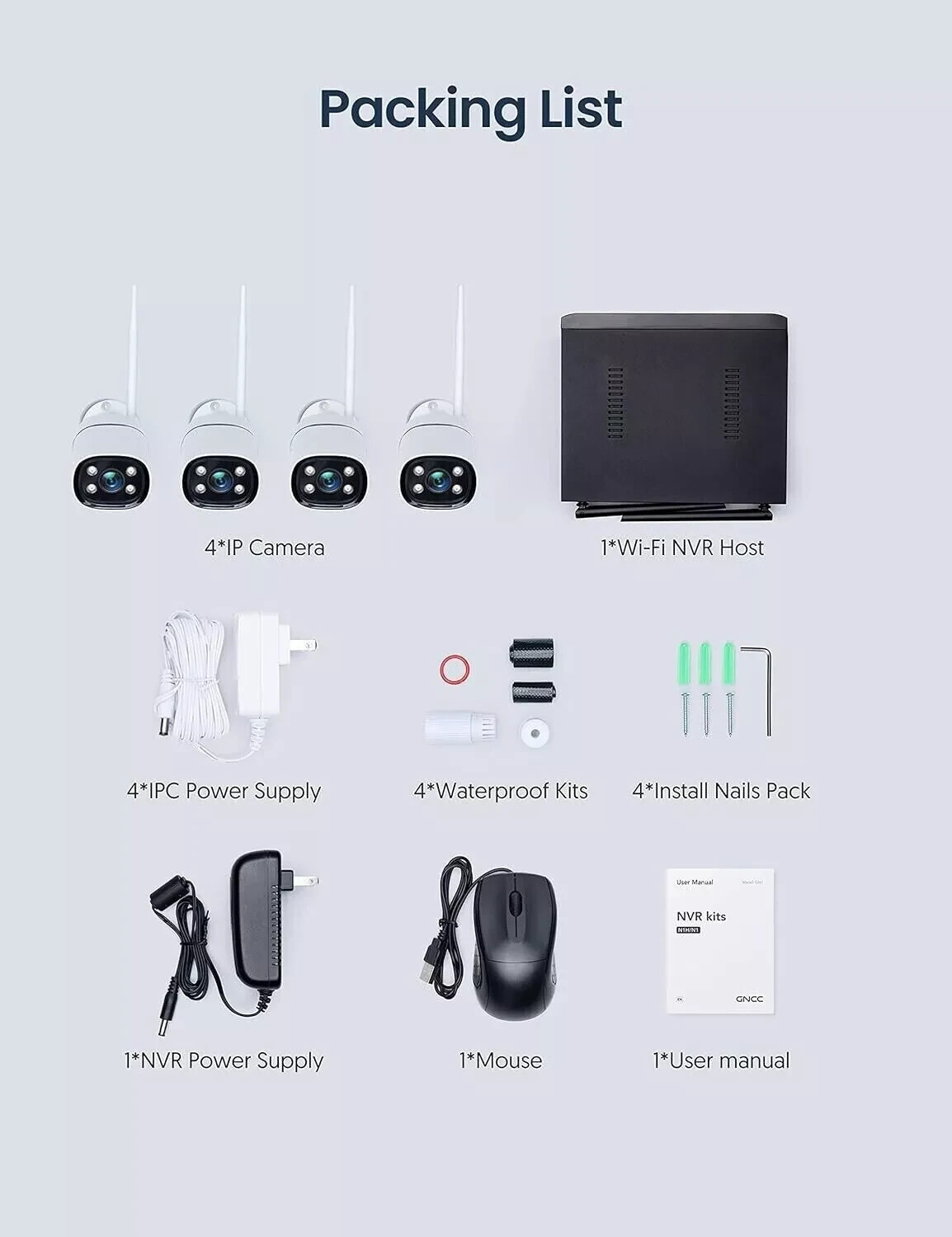 GNCC Security Camera System with 1TB HDD 8CH WiFi NVR–4pcs 2K Home Security Cam