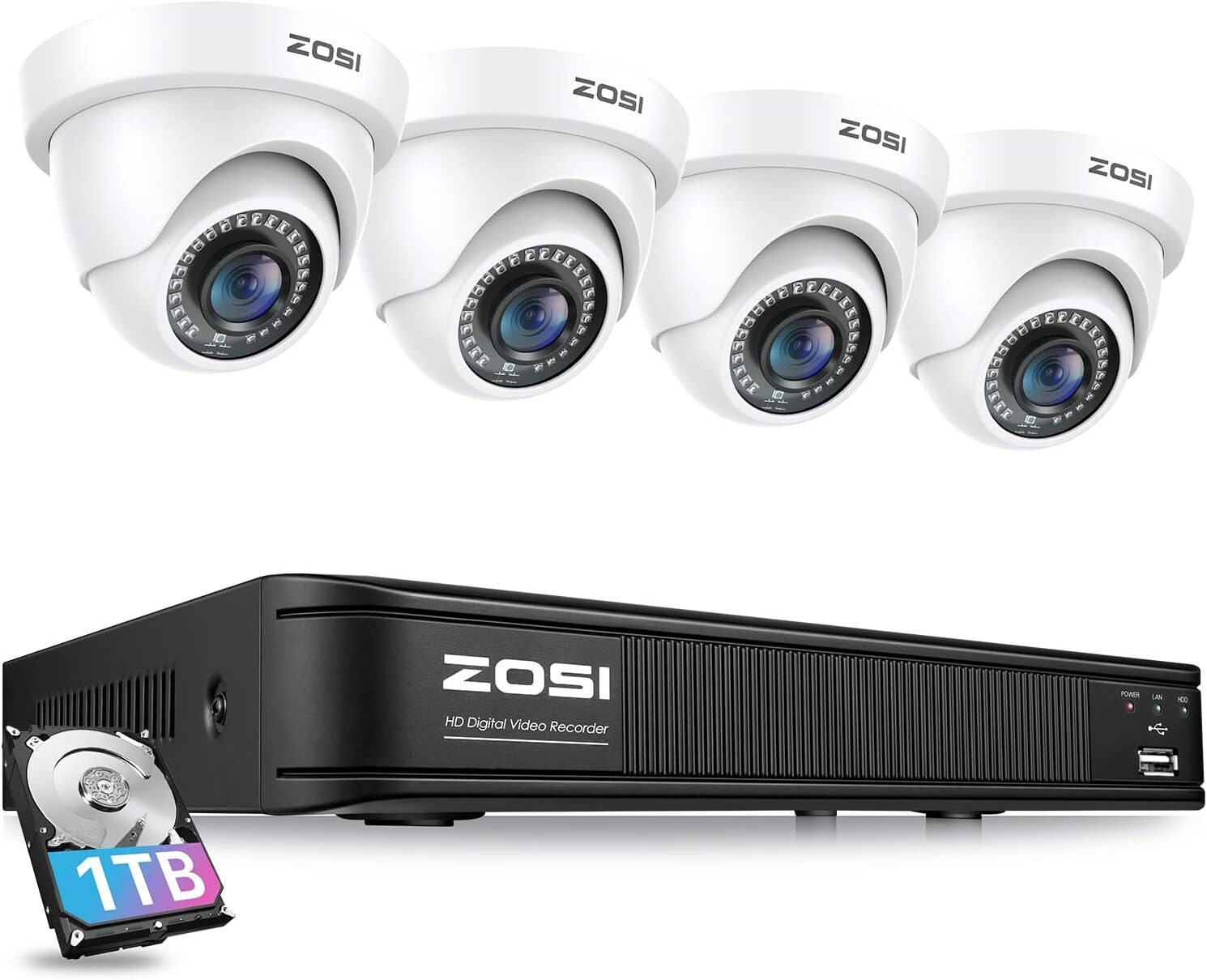 ZOSI H.265+ DVR CCTV Camera System 1080P Dome Camera IR Night Vision 0-1TB HDD