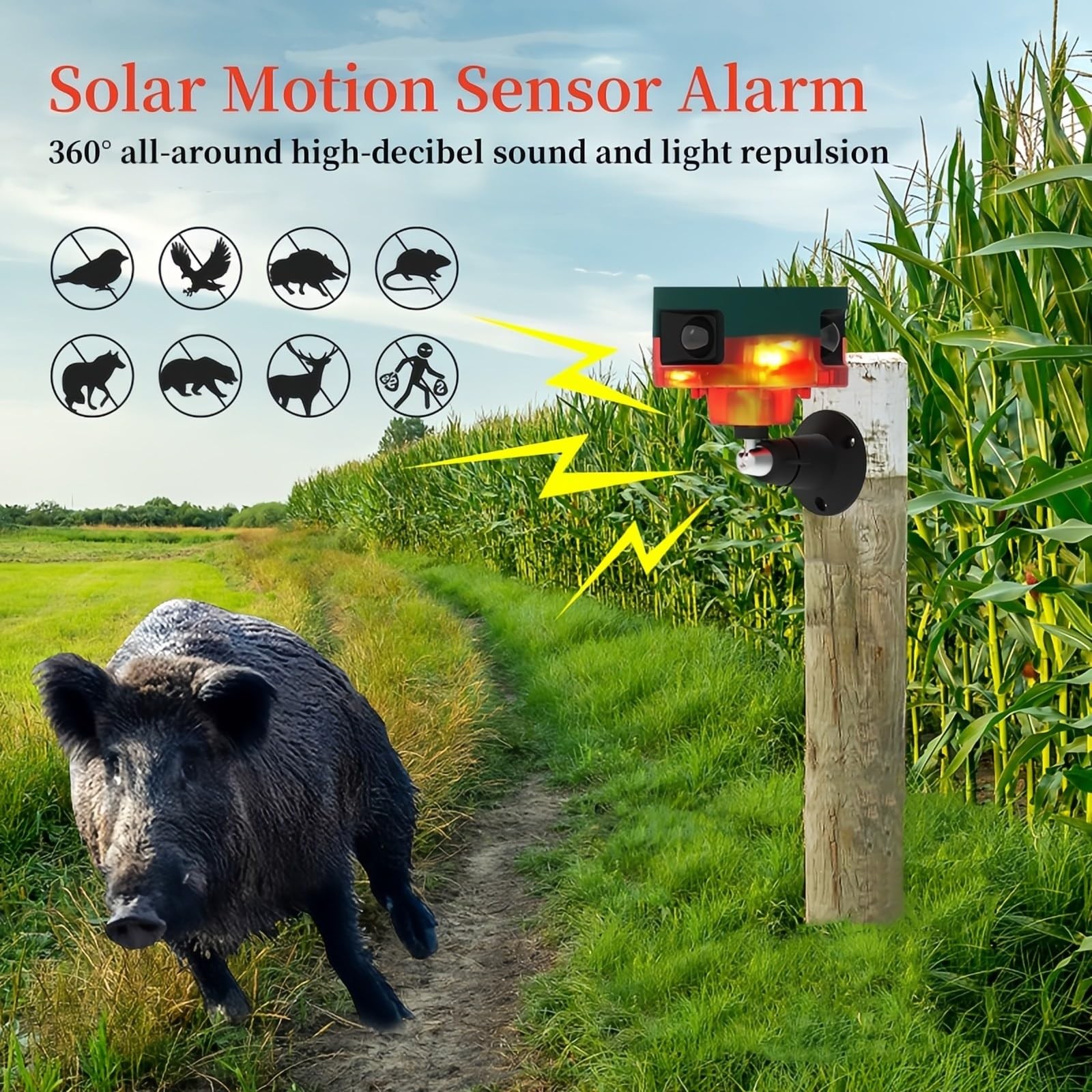Solar Motion Sensor Alarm Repellent 360°Motion Detector Loud Siren LED Flashi…