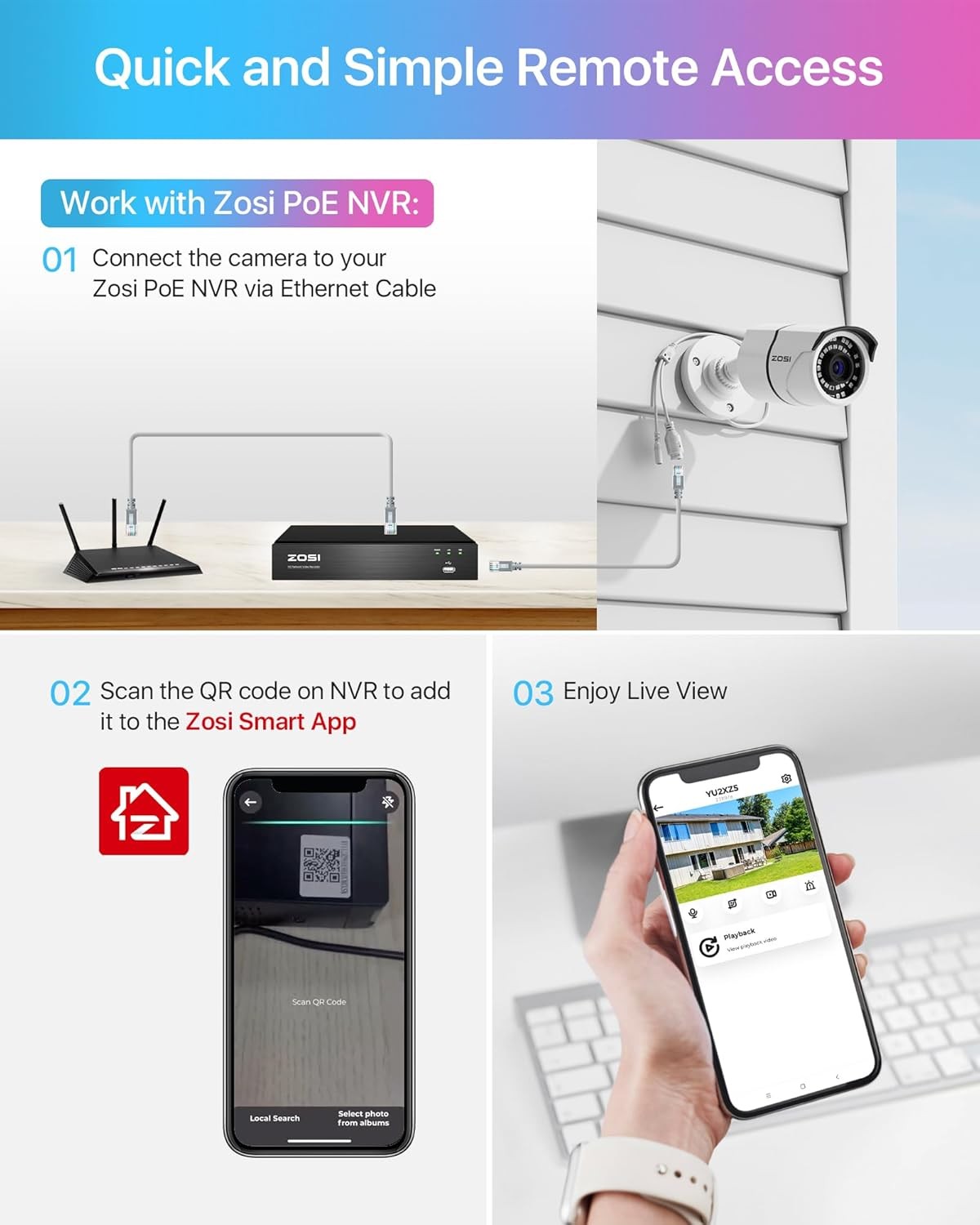 ZOSI 4PK 5MP Add-on Weatherproof POE Security Camera with Ethernet Cables
