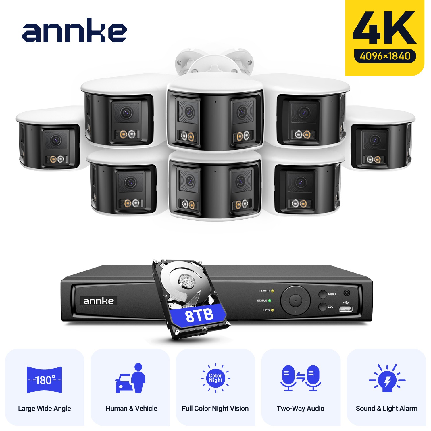 ANNKE 4K Dual Lens POE AI Color Night Security Camera System 8CH NVR 2-Way Talk