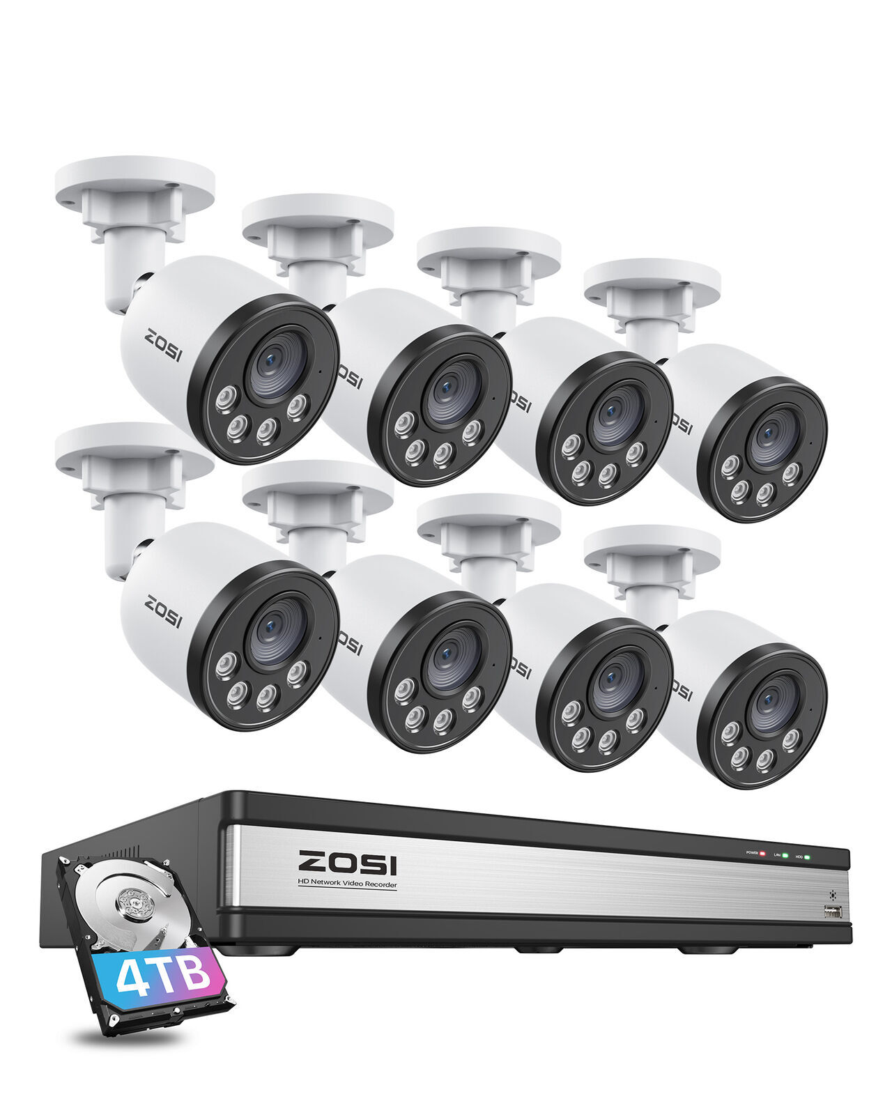 ZOSI 16CH NVR 4MP PoE Security Camera System 4TB Audio Night Vision Human Detect