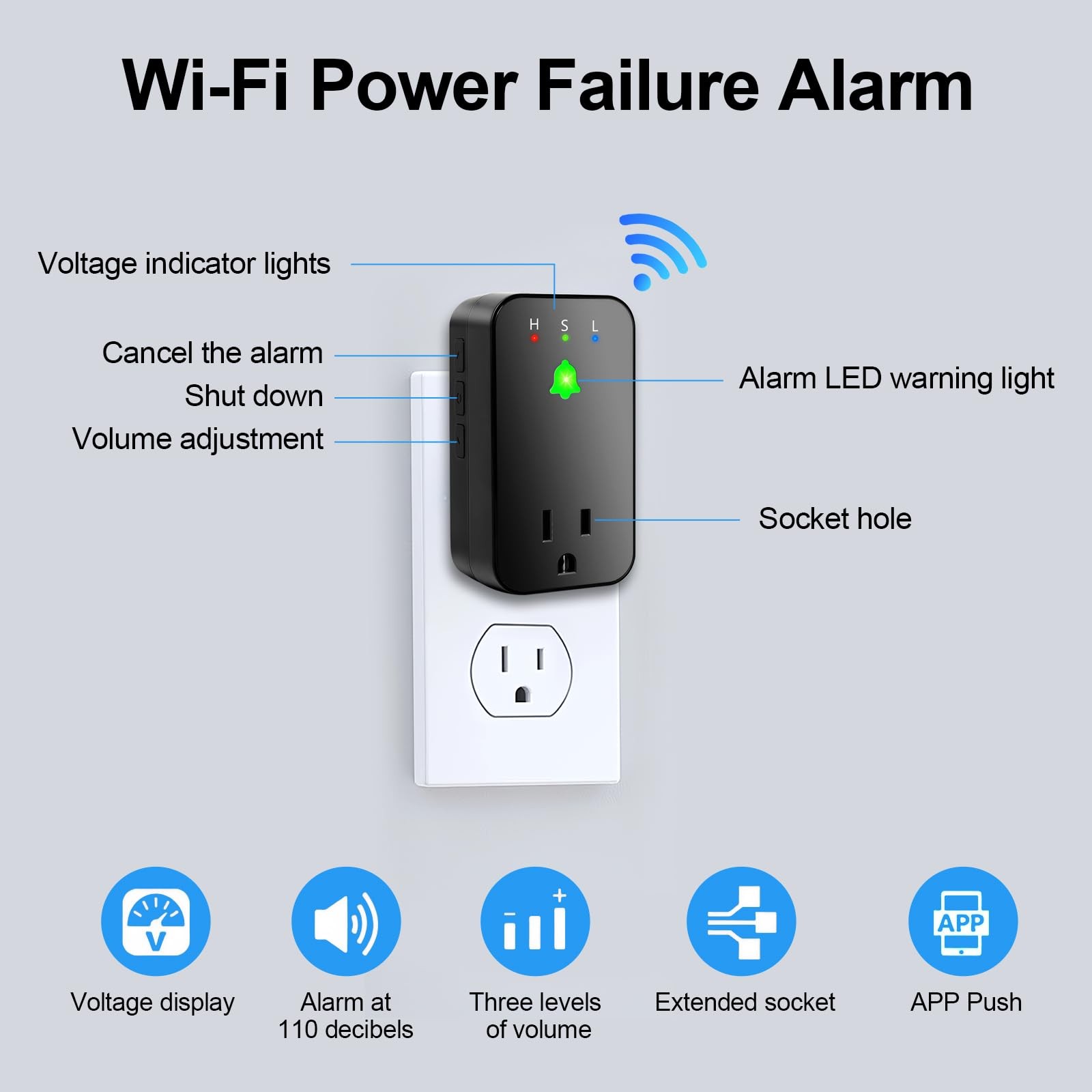WiFi Power Failure Alarm, 110dB Freezer Alert with LED, App Notifications