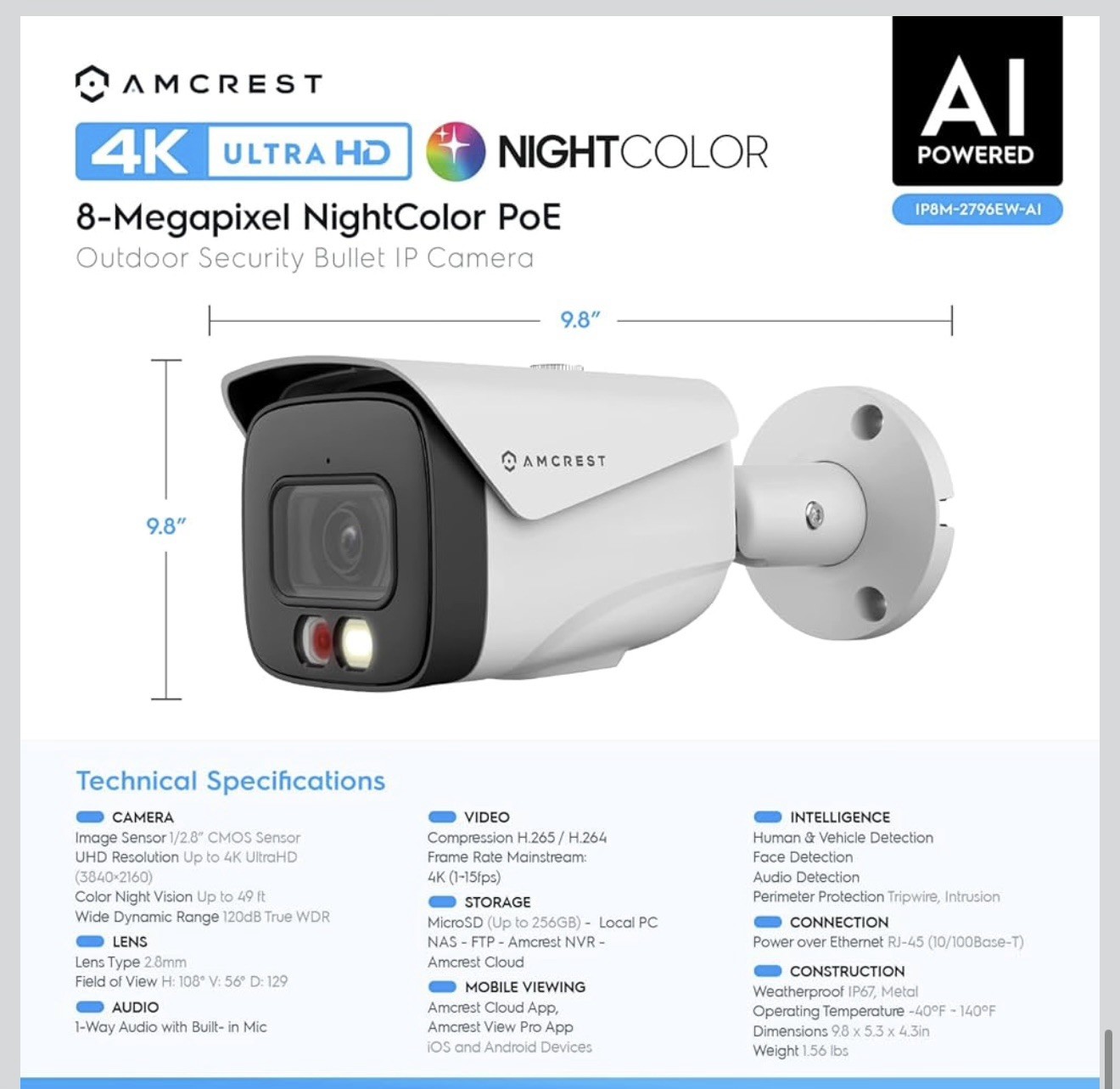 Amcrest IP8M-2796EW-AI 4K PoE Bullet Camera AI NightColor Weatherproof