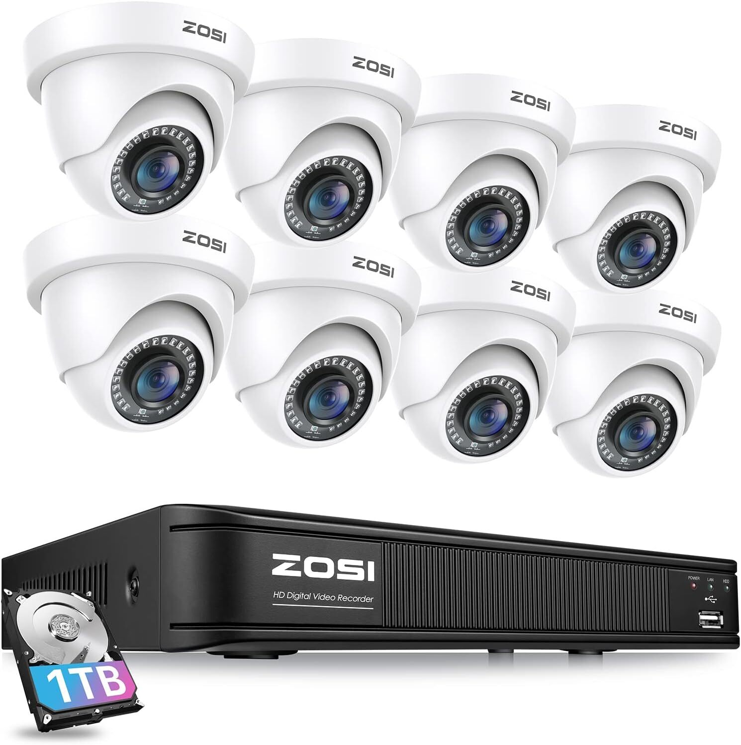 ZOSI H.265+ DVR CCTV Camera System 1080P Dome Camera IR Night Vision 0-1TB HDD