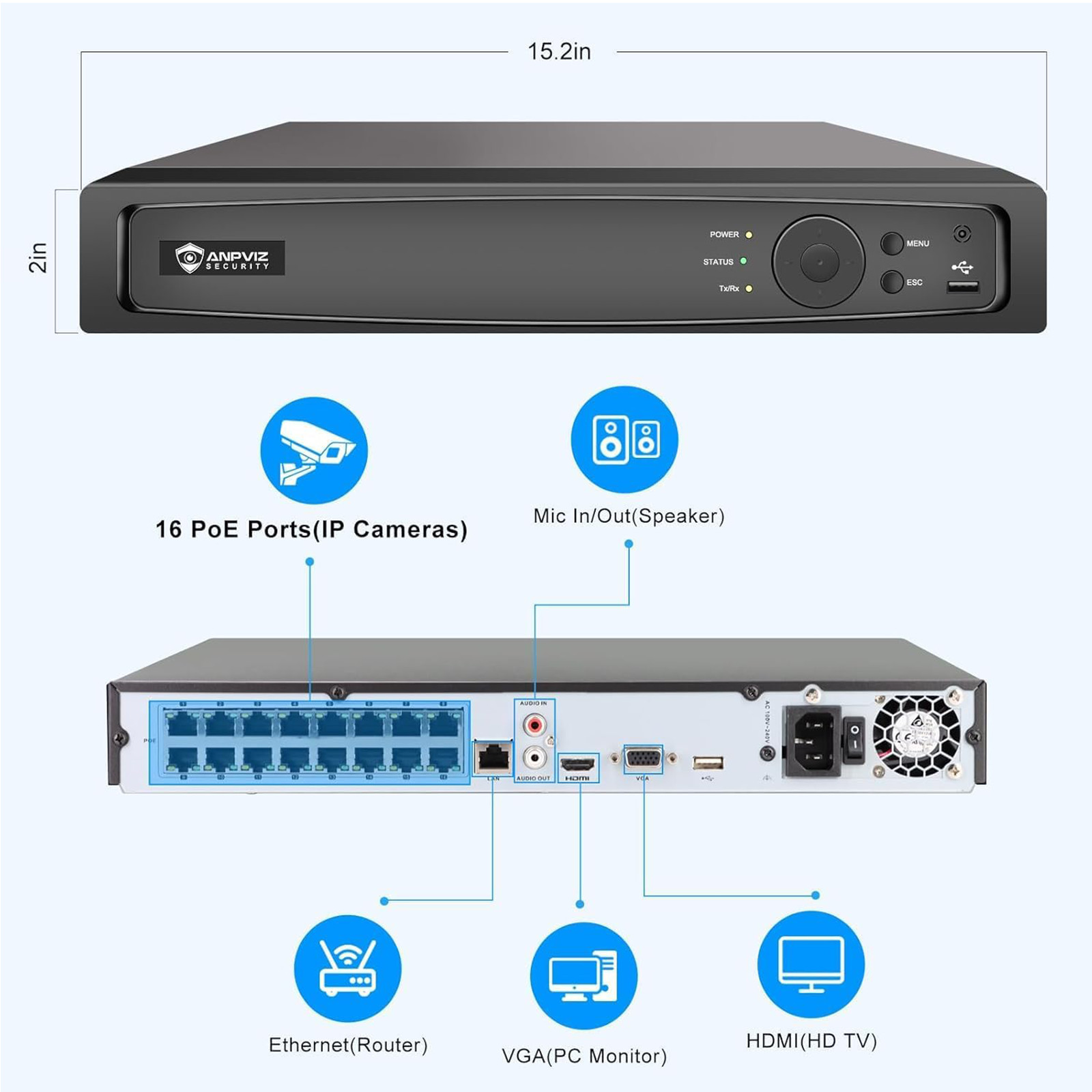 ANPVIZ 12MP 16CH NVR POE AI Security Video Recorder System with 16 Ports ,VCA