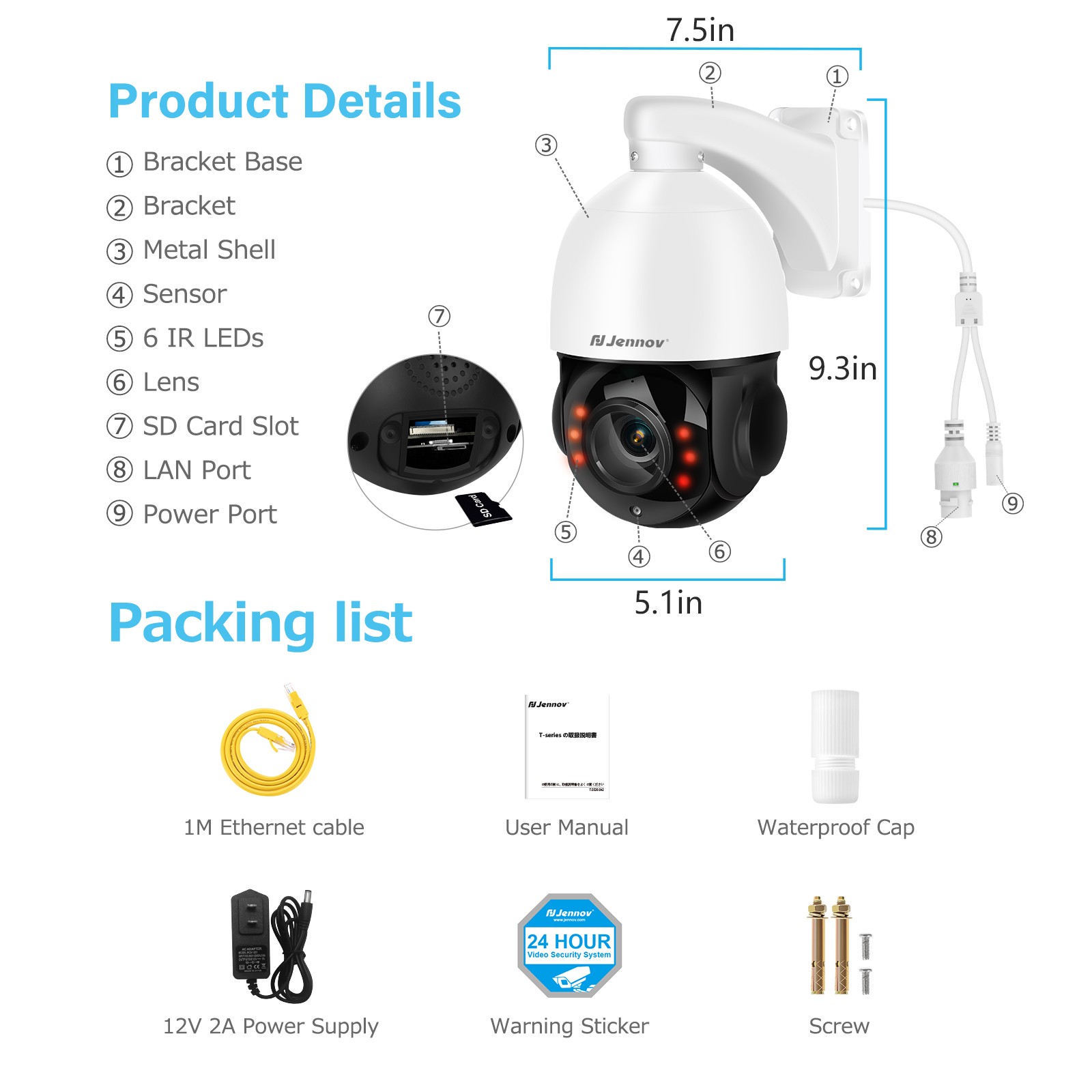 5MP POE PTZ Security Camera Outdoor 4X Zoom HD IP CCTV IR Night Vision