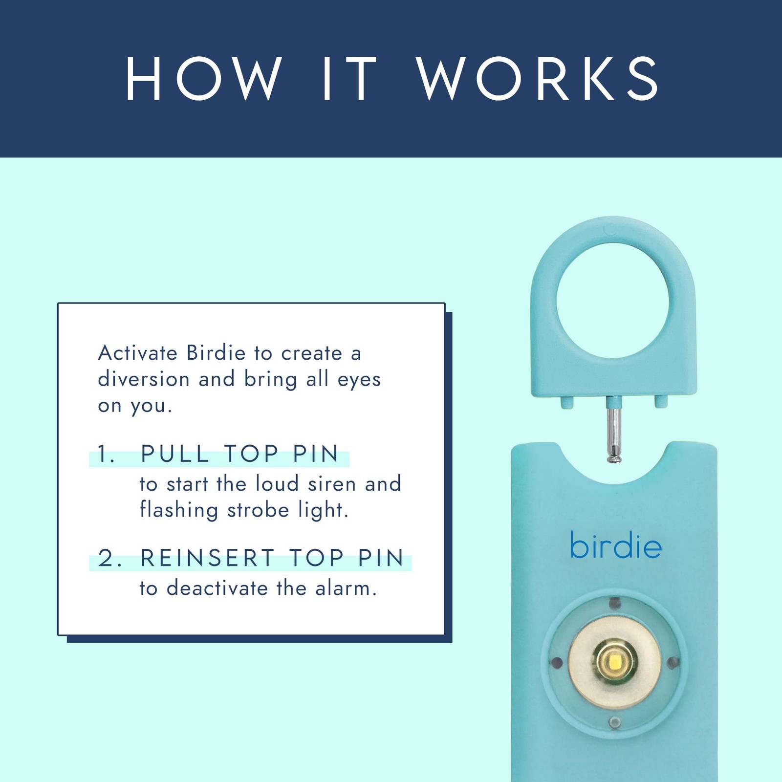 Personal Safety Alarm for Women – Loud Siren, Strobe Light, Keychain (Aqua)