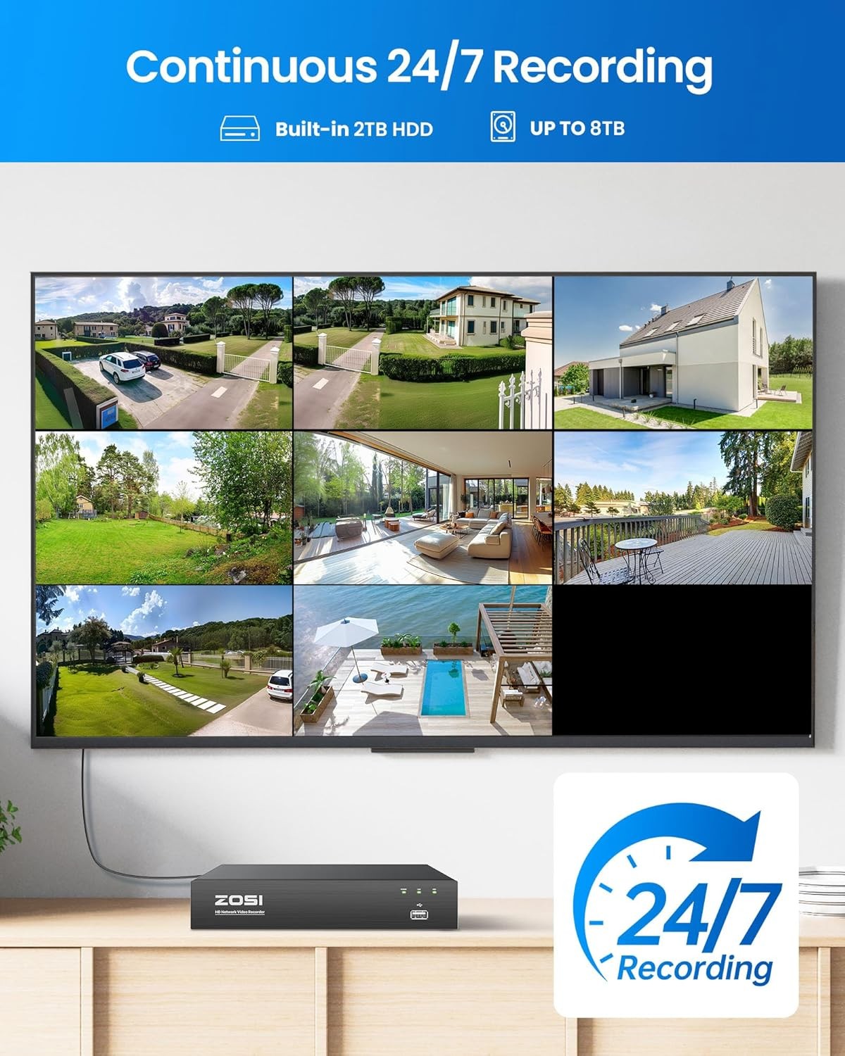 ZOSI 8CH 4K PoE Security Camera System 4x8MP Outdoor Camera One Way Audio 2TBHDD