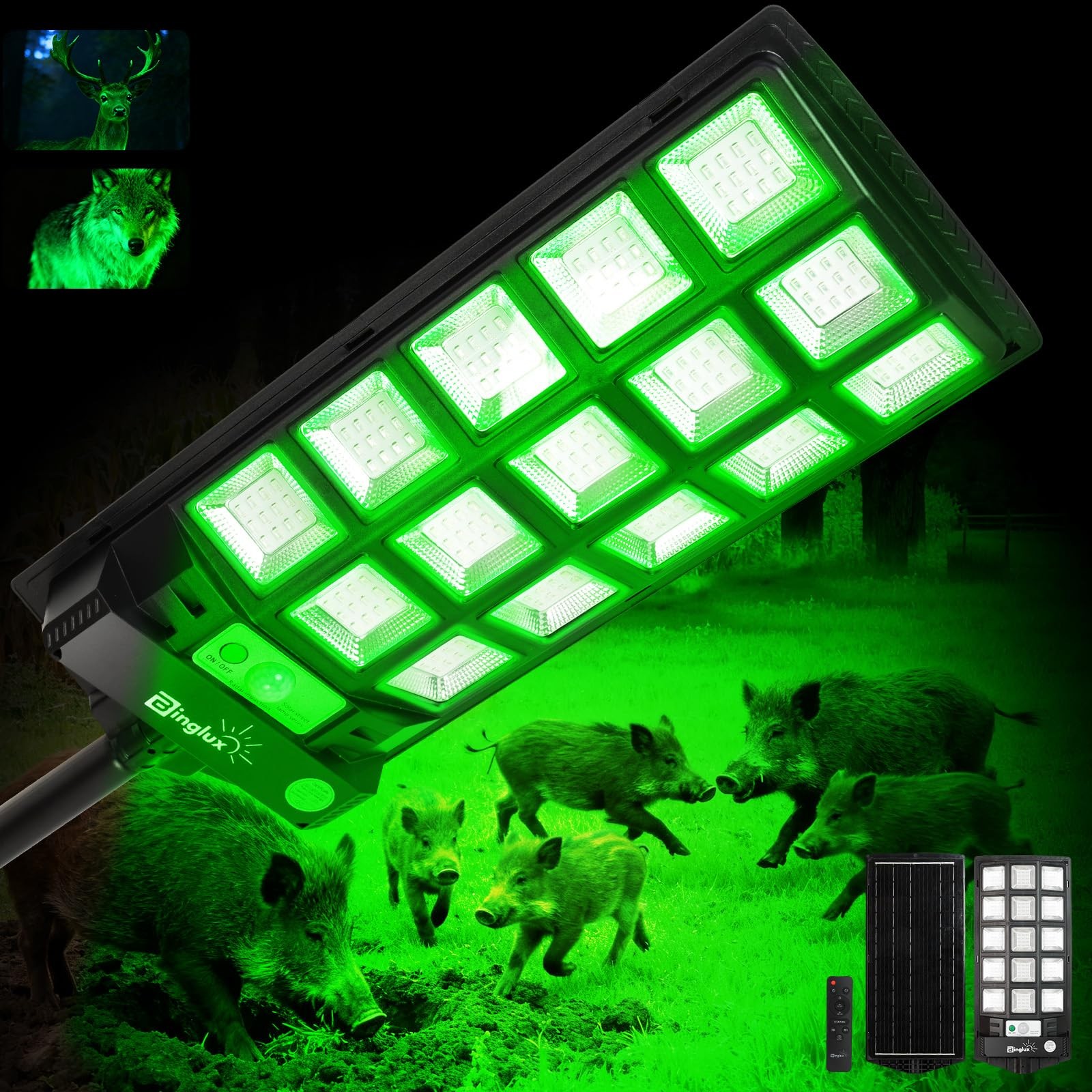 BINGLUX Hog Lights for Night Hunting – 20000LM Solar Green Light Black