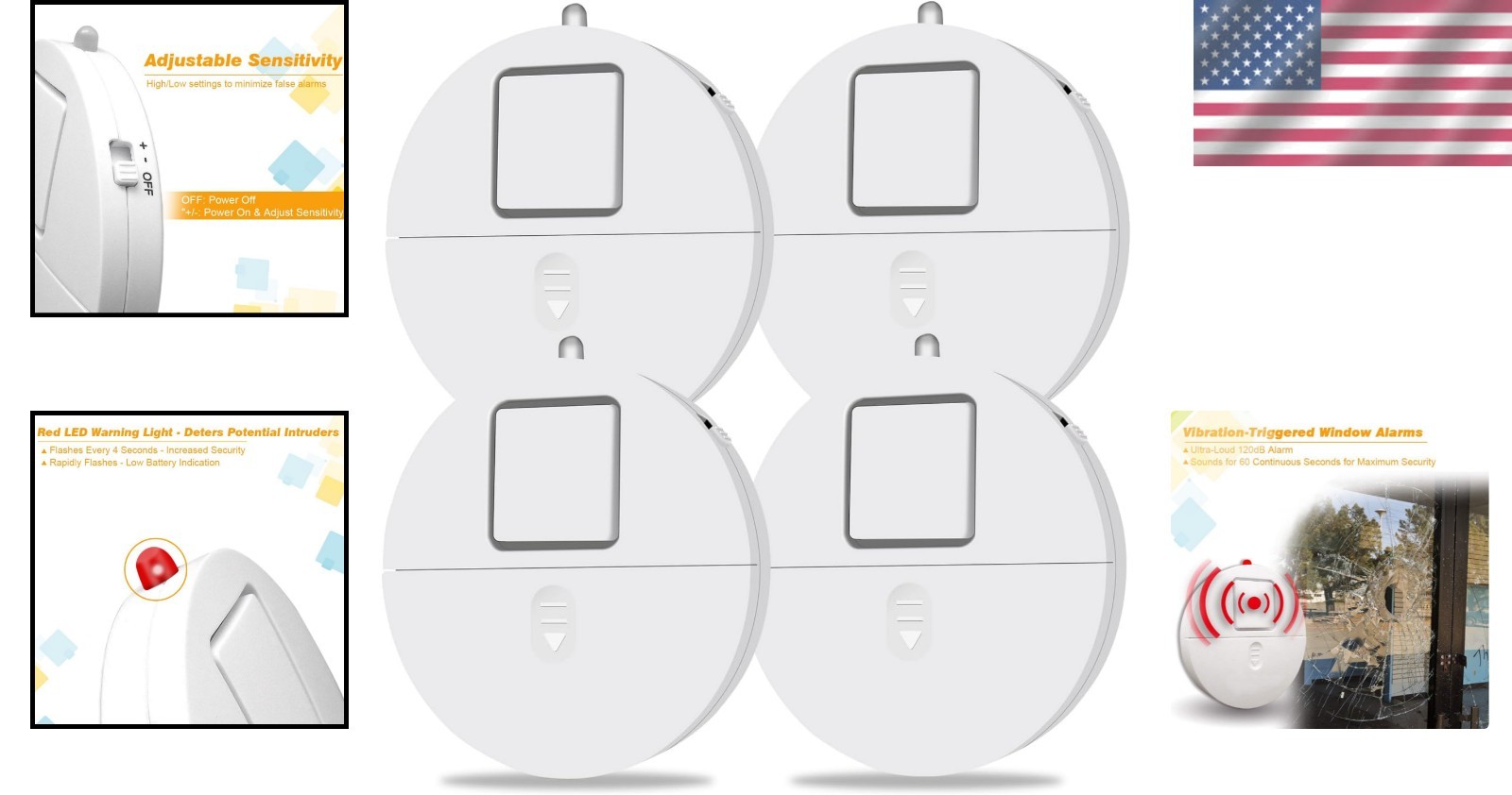 4-Pack Window Security Alarms with 120dB Vibration Sensors & LED Indicator