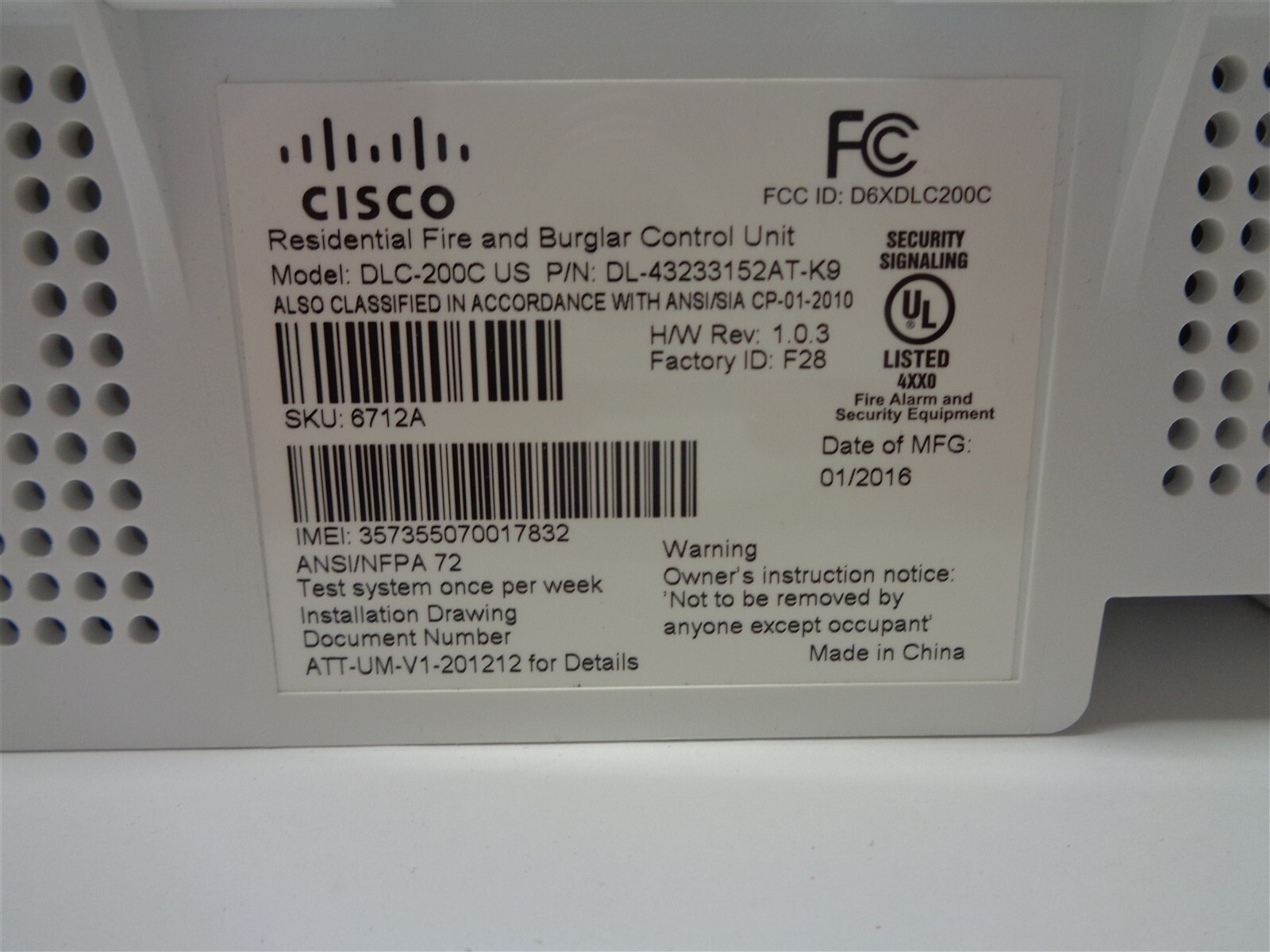 AT&T Cisco DLC-200C Residential Fire & Burglar Alarm Control